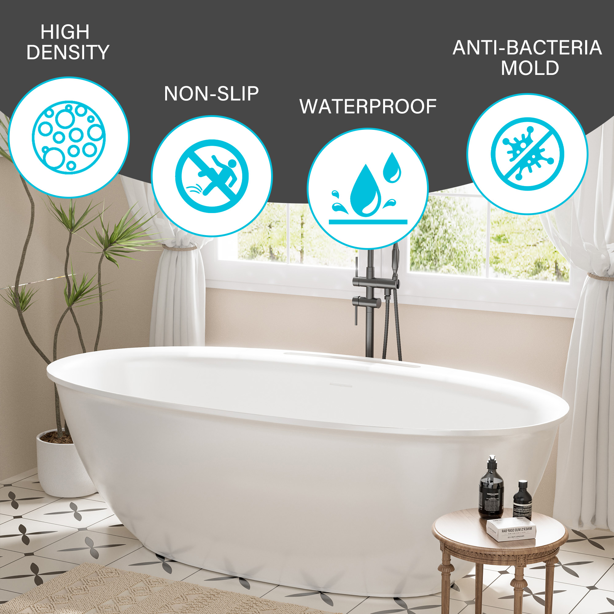 Matte white 67-inch artificial stone freestanding bathtub, hand-polished, with drainer + drain cover + drain pipe