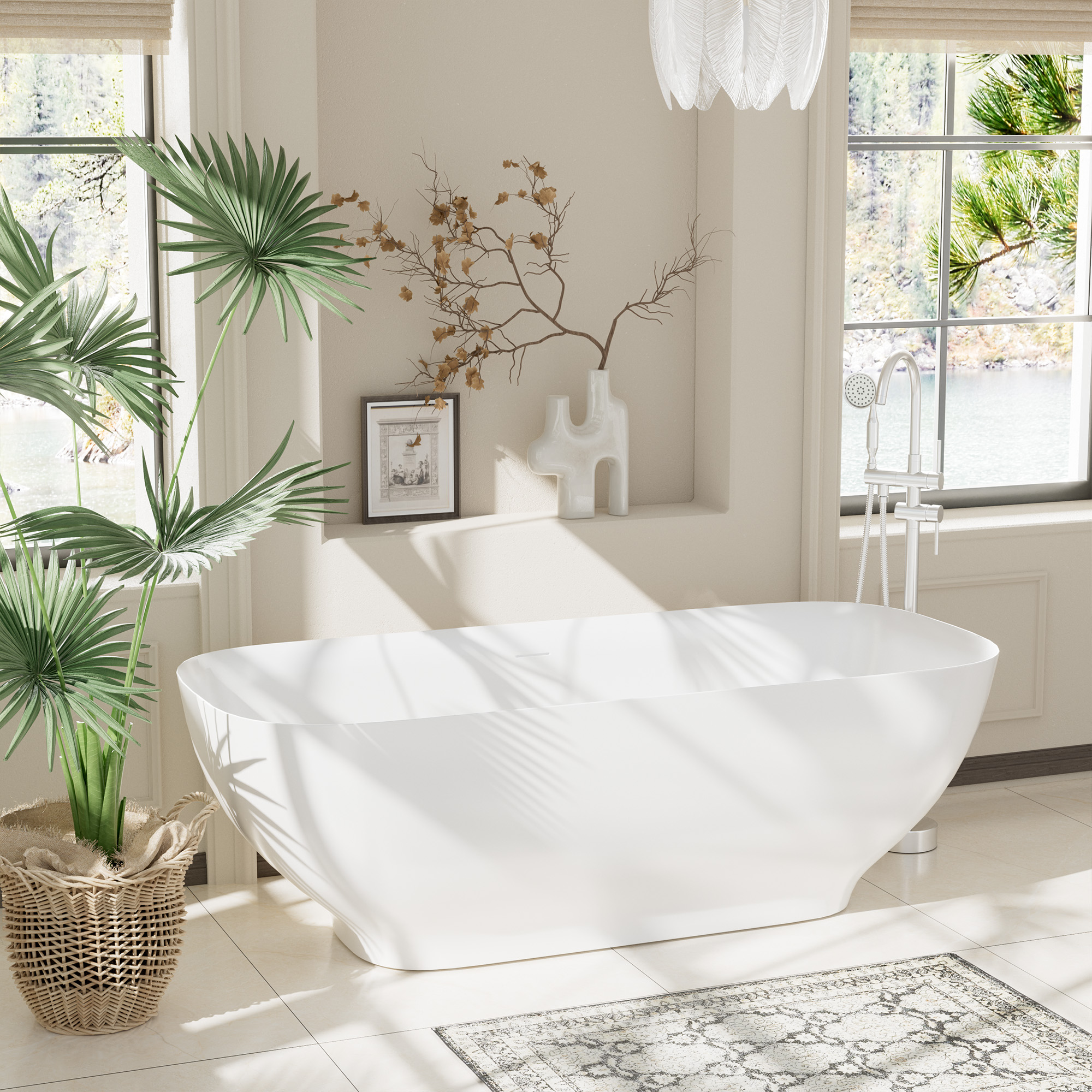 Matte white 67-inch artificial stone freestanding bathtub, can match any decoration style