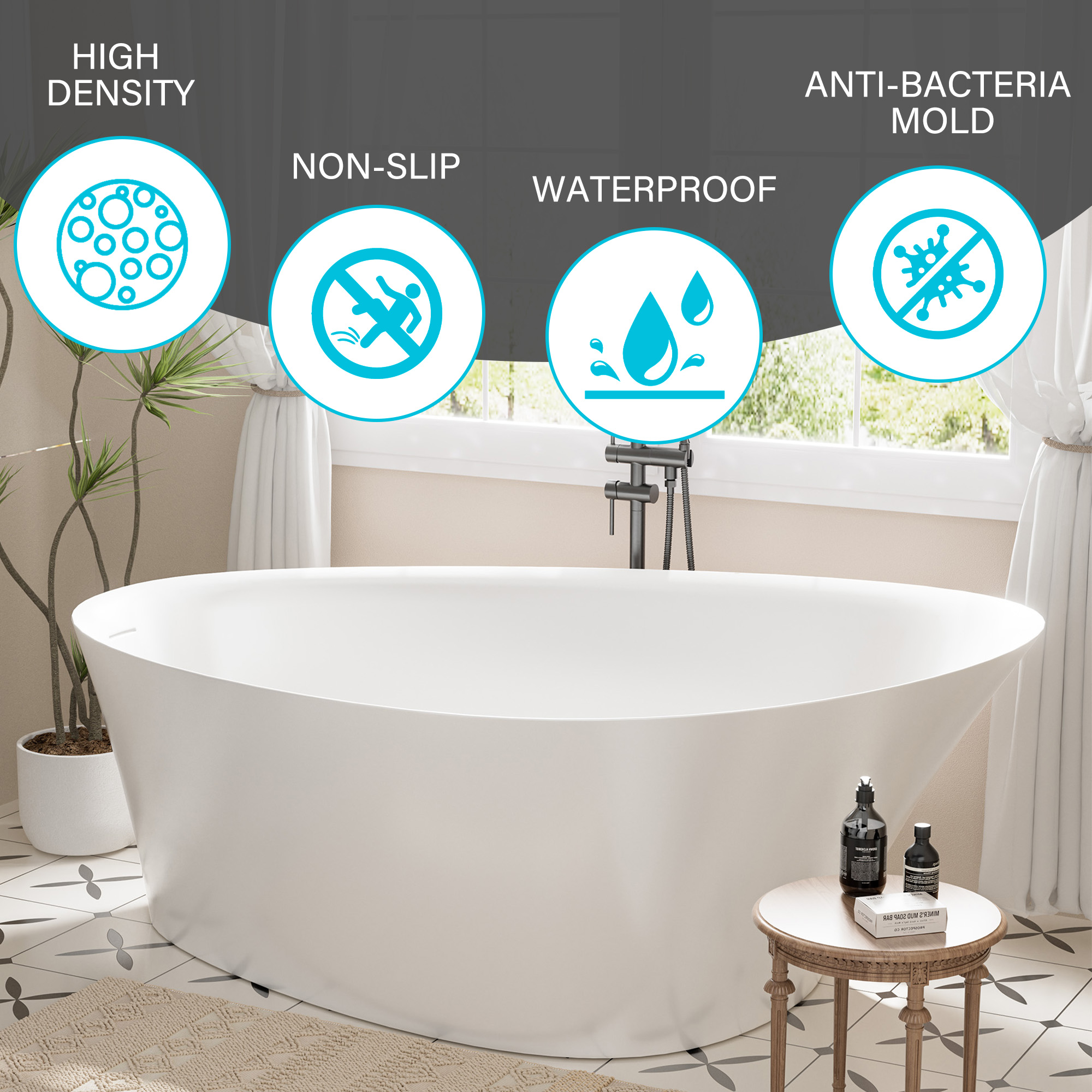 Boyel Living Matte white 65-inch artificial stone freestanding bathtub, can match any decoration style, 65"(L) x 37"(W) x 24"(H)