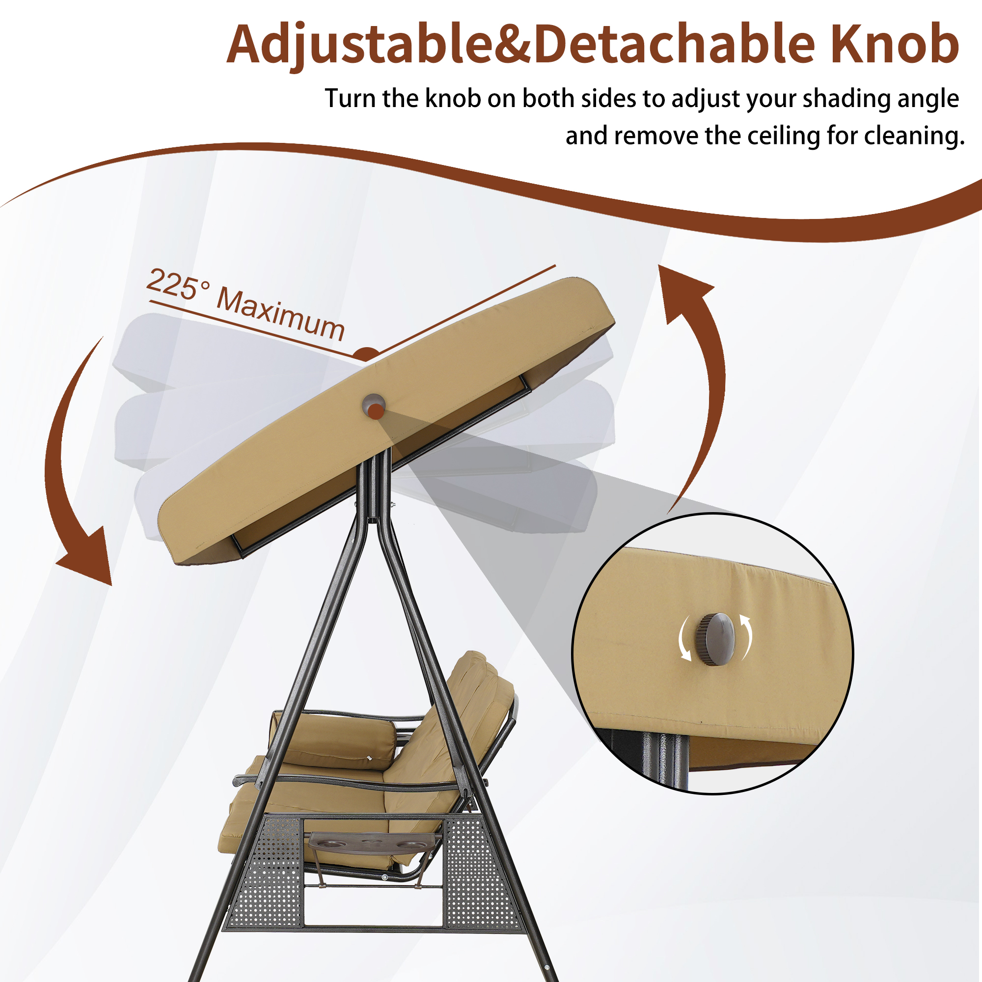 Steel 3 Person Patio Swing Chair Swinging Outdoor Chair with Removable Mat, Cushion and Convertible Canopy