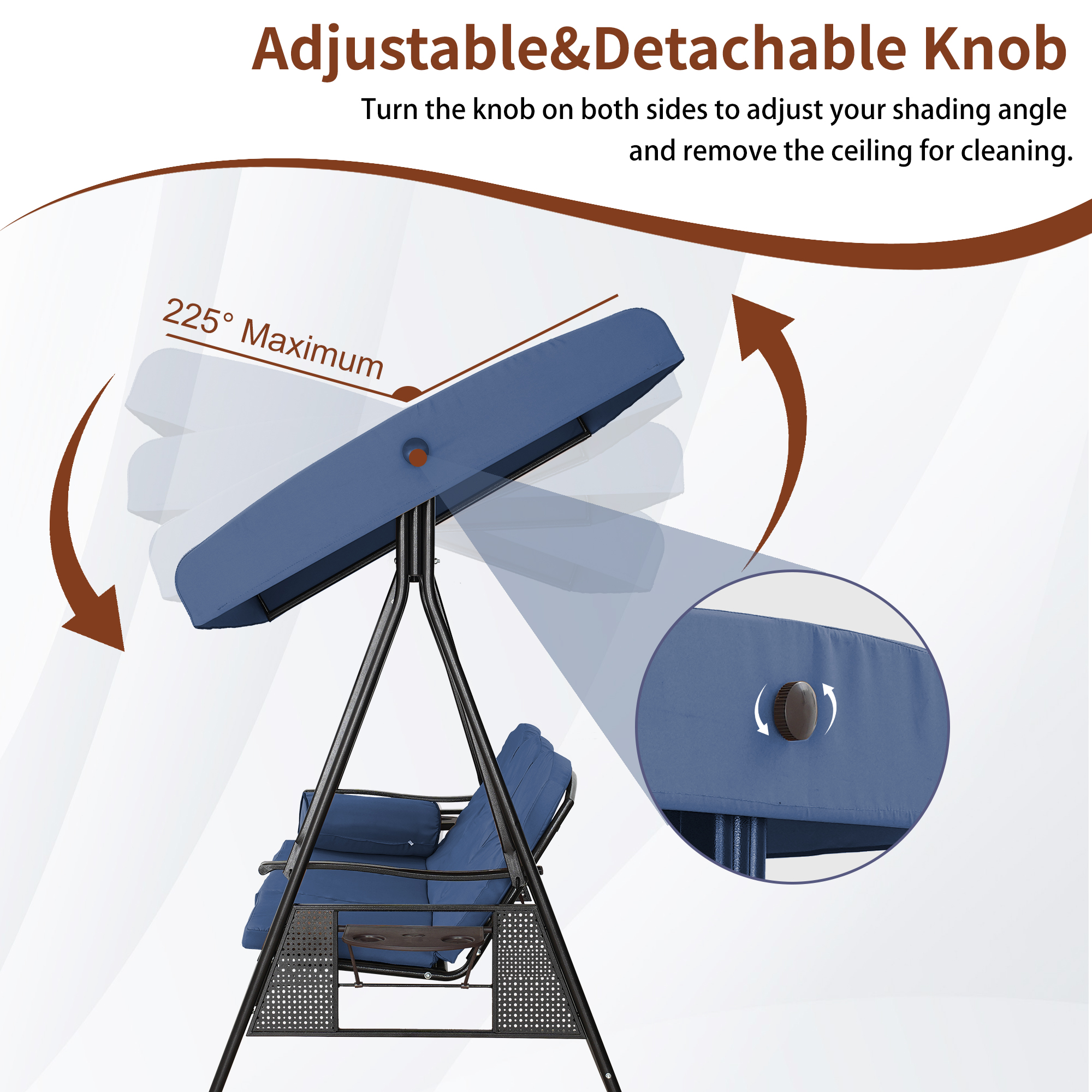 Steel 3 Person Patio Swing Chair Swinging Outdoor Chair with Removable Mat, Cushion and Convertible Canopy