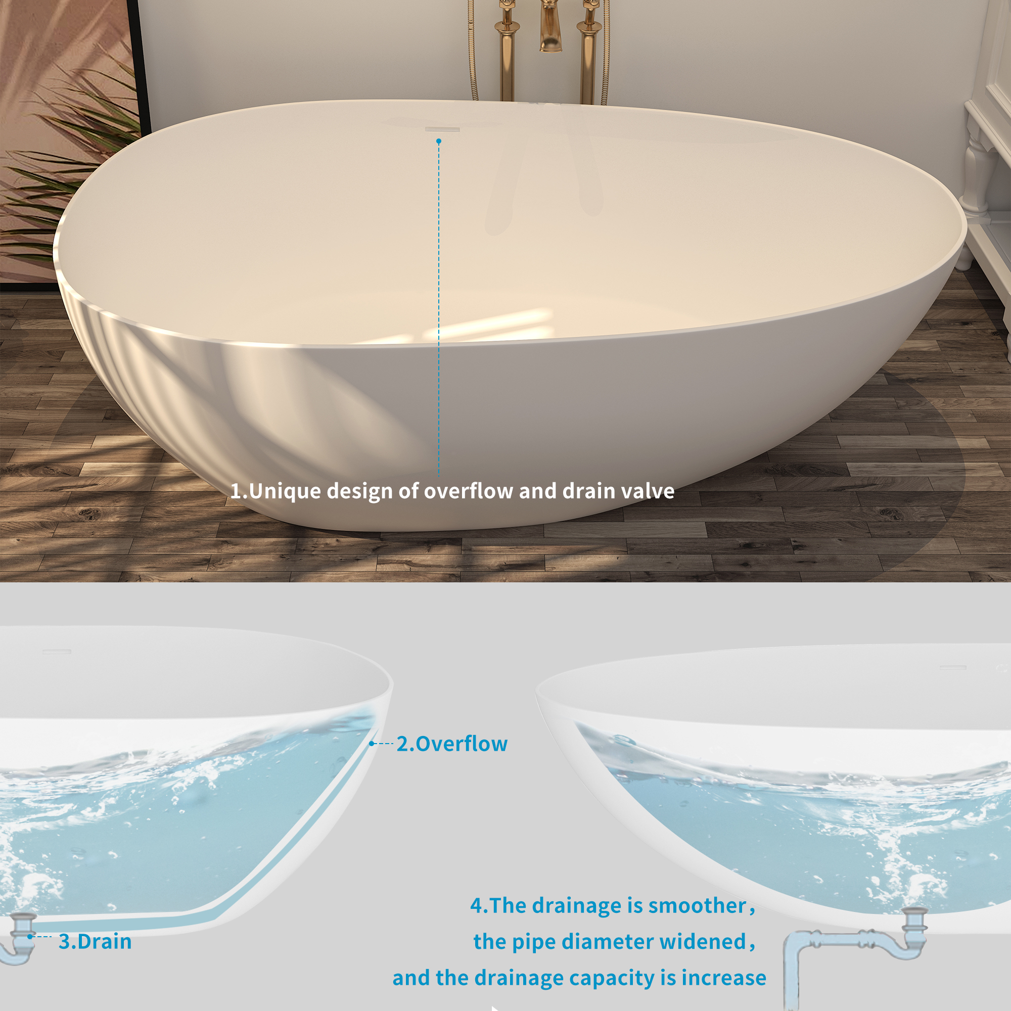 71'' Resin Stone Freestanding Bathtub, Solid Surface Matte White Free Standing Tub, Egg Shape Stand Alone Soaking Tubs with Drain, Drain Hose & Sanding Paper