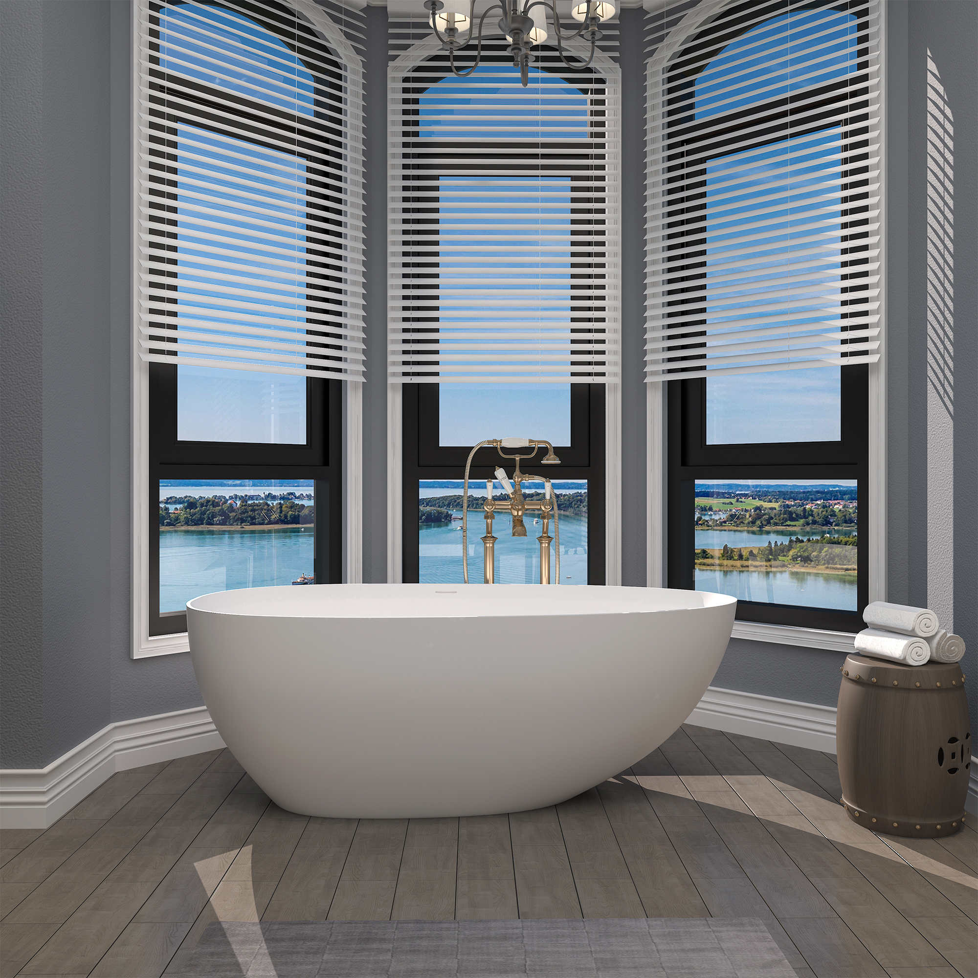 63 in. Solid Surface Free-Standing Bathtub with Centre Drain in Matte White