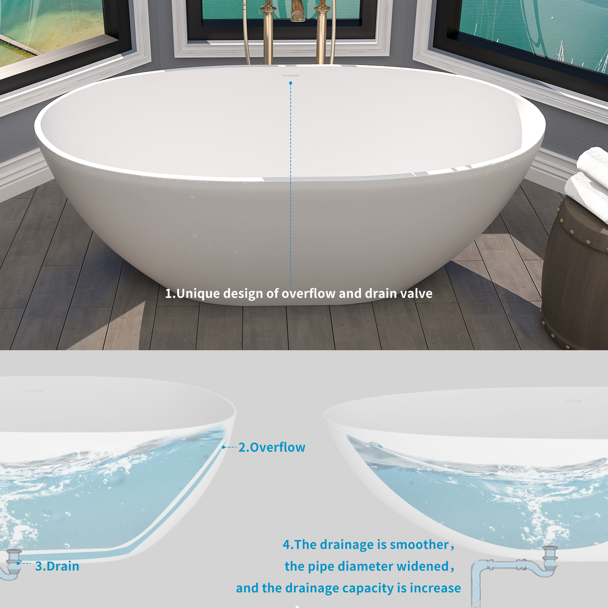 Boyel Livong 61" Matte White Faux Stone Freestanding Soaking Tub with Drain