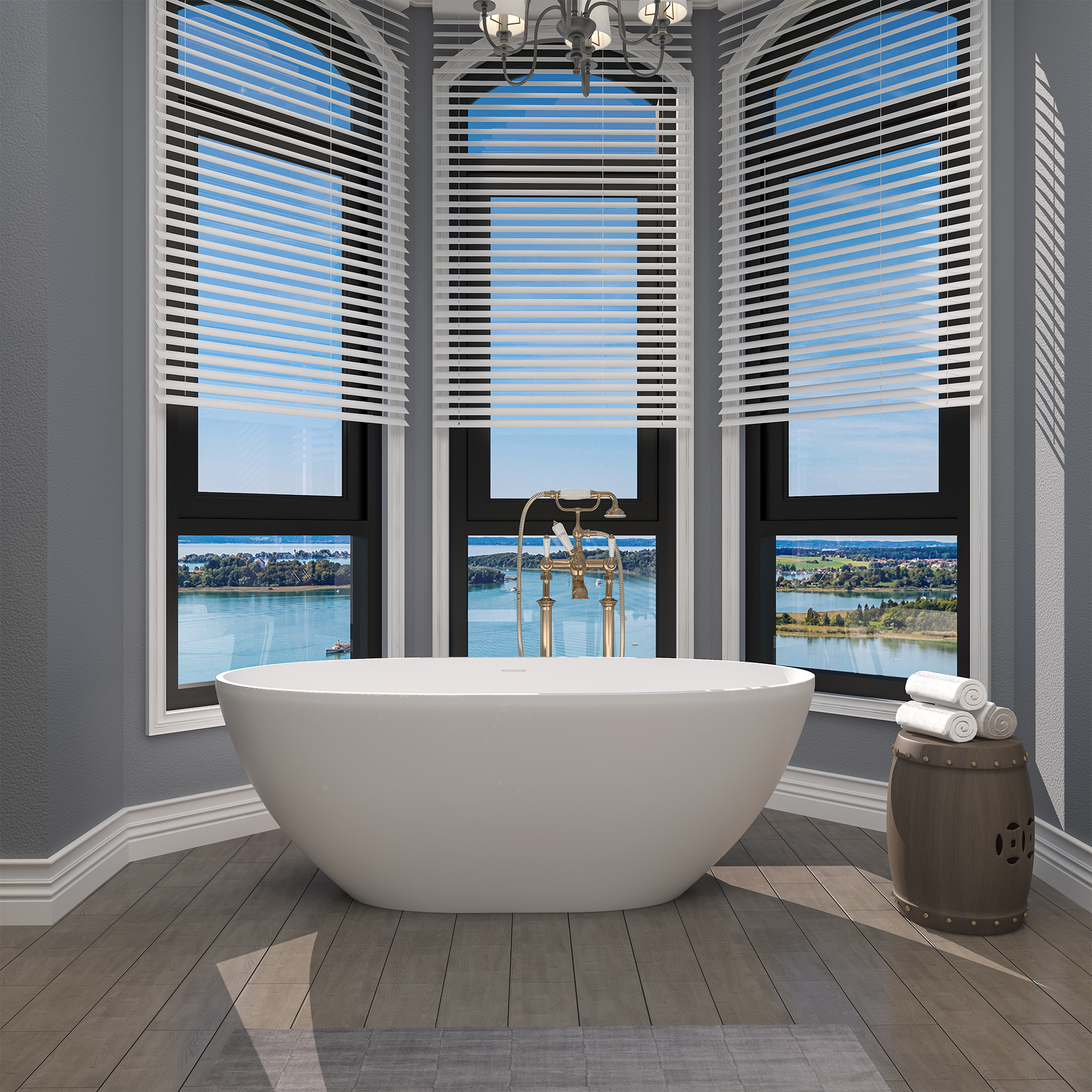 Boyel Livong 61" Matte White Faux Stone Freestanding Soaking Tub with Drain