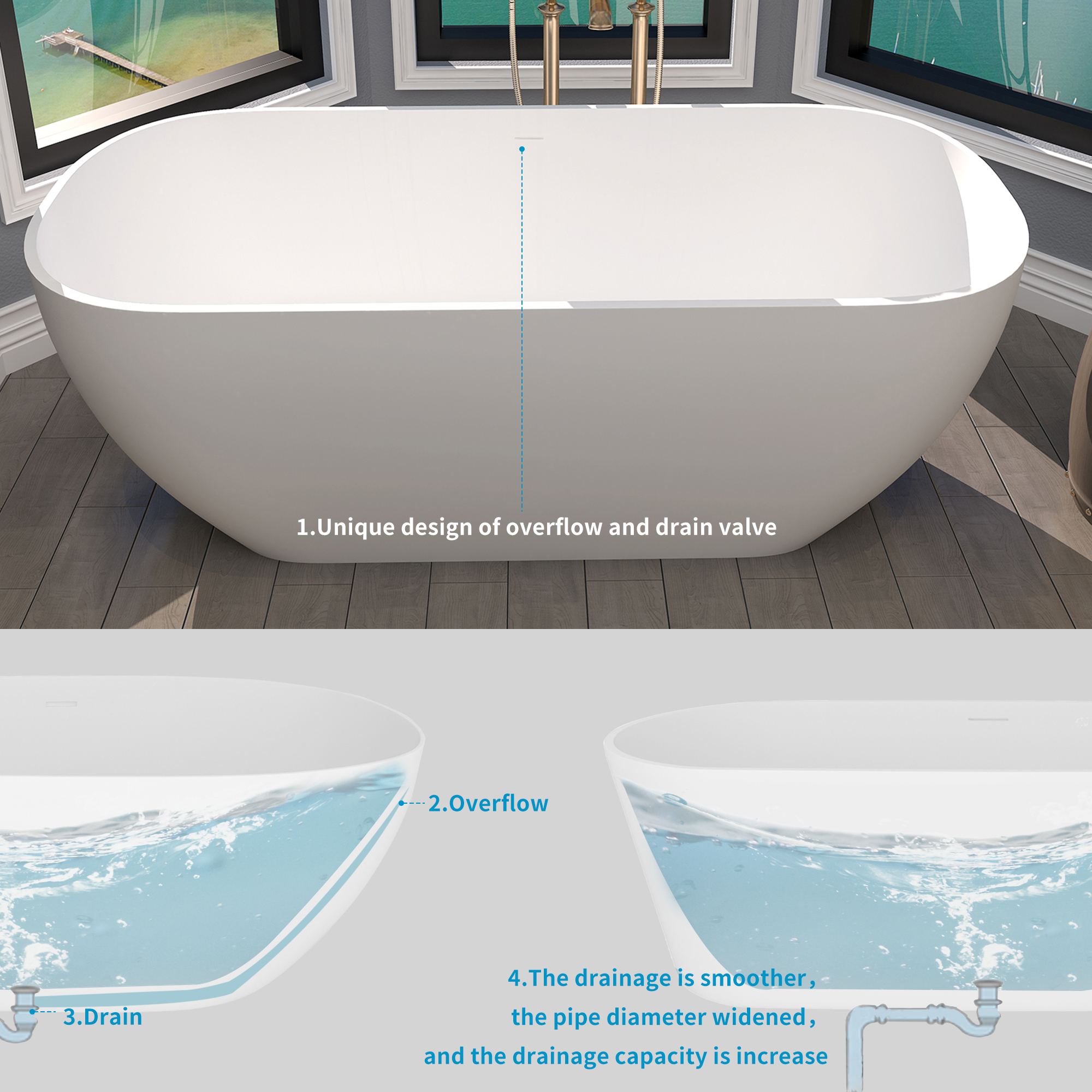 67'' Resin Stone Freestanding Bathtub, Matte White Solid Surface Free Standing Tub, Classic Double Ended Soaking Bathtub with Drain, Drain Hose & Sanding Paper