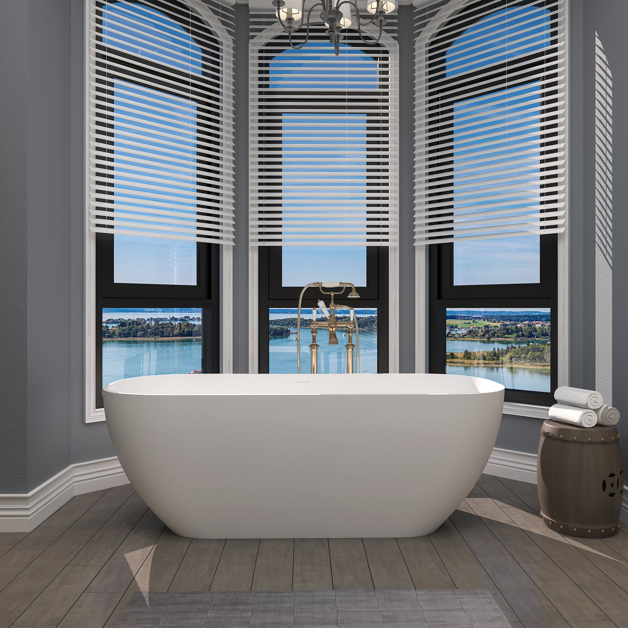 67'' Resin Stone Freestanding Bathtub, Matte White Solid Surface Free Standing Tub, Classic Double Ended Soaking Bathtub with Drain, Drain Hose & Sanding Paper