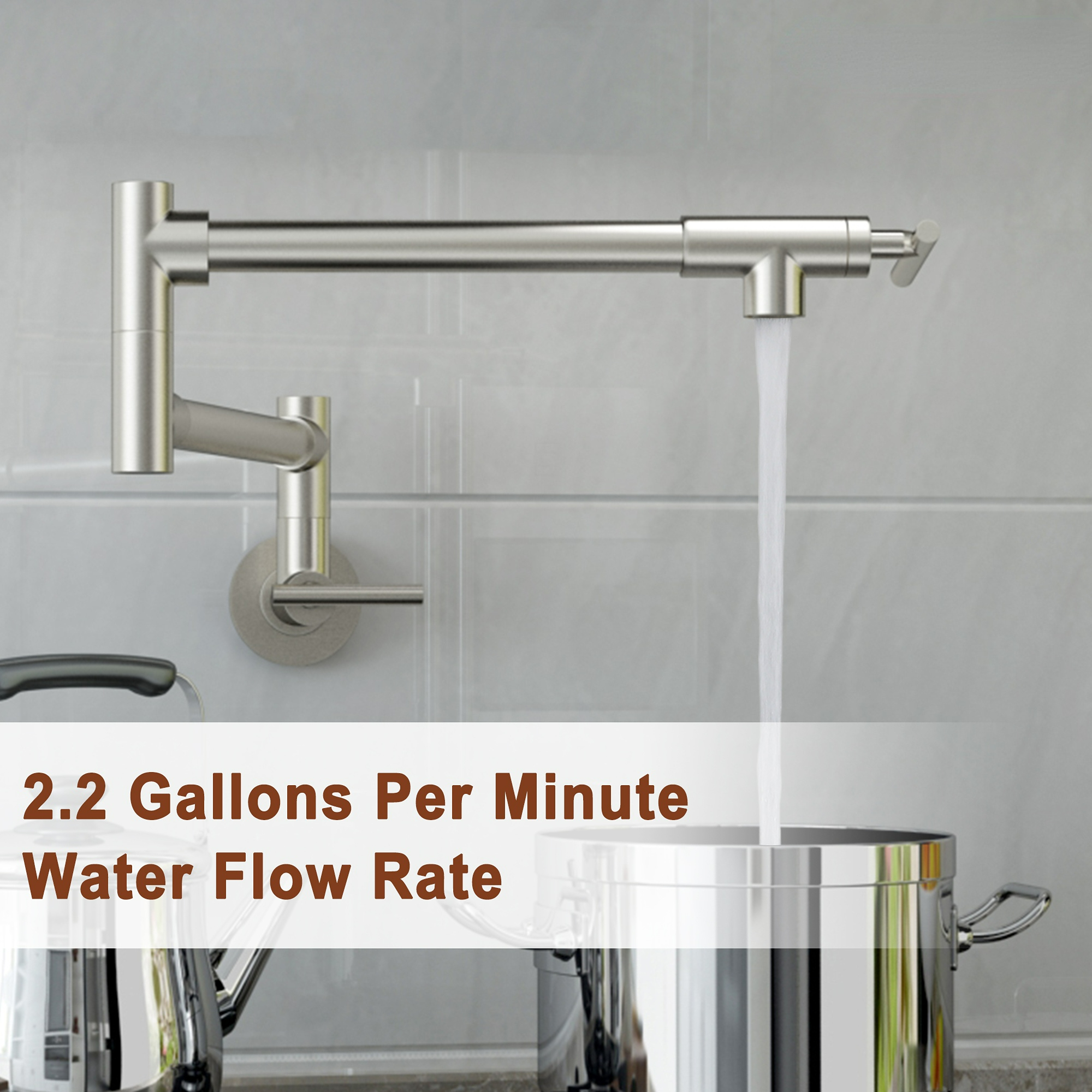 Pot Filler Faucet Wall Mount Kitchen Sink Faucet Stove Pot Filling Faucet with Double Joint Swing Arms Folding Faucet, Solid Brass Material, Lead-Free, Single Hole, Brushed Nickel
