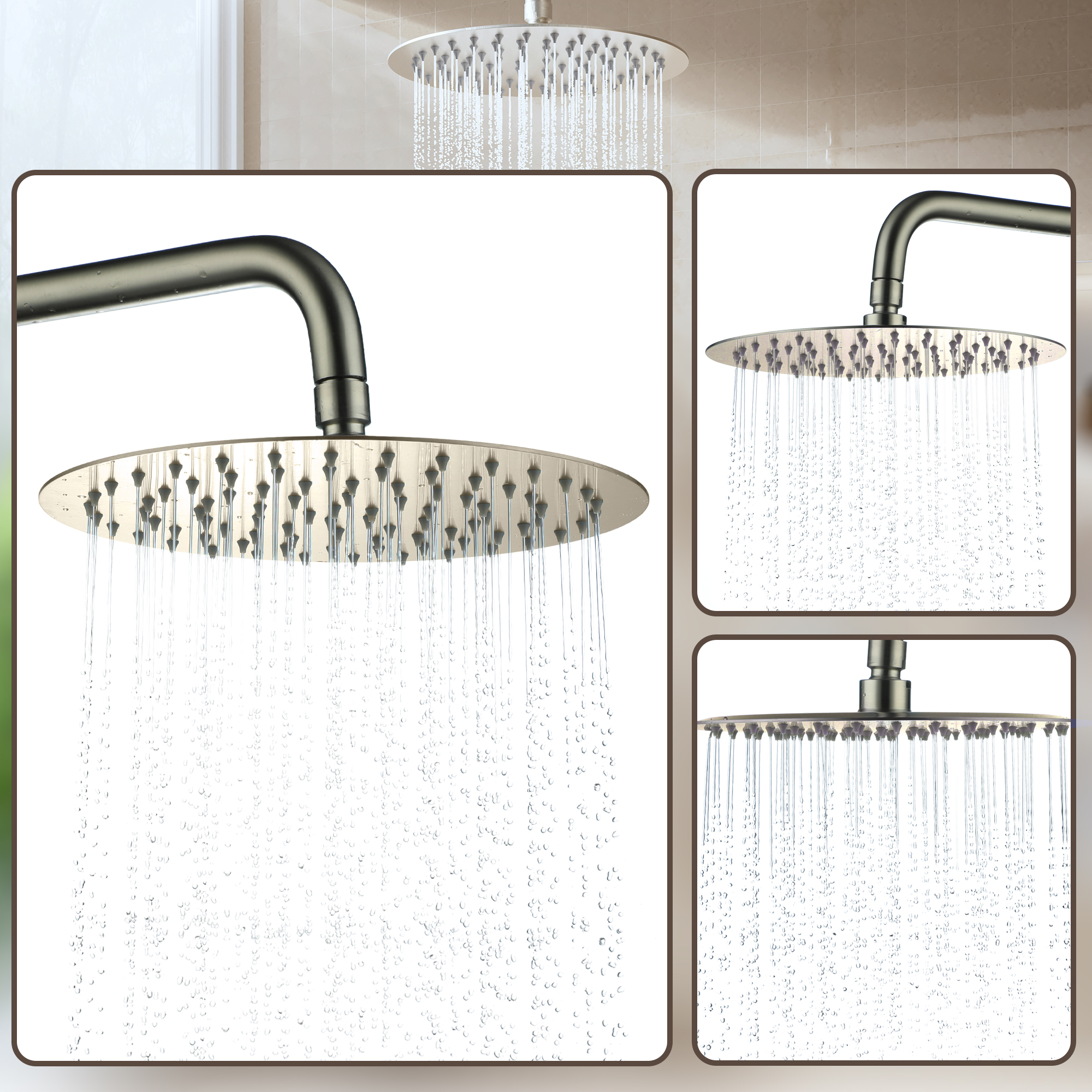 10"/12" Stainless Steel 360 Degree Adjustable 0.08" Ultra-thin Round Shower Head In Matte Black/Brushed Nickel