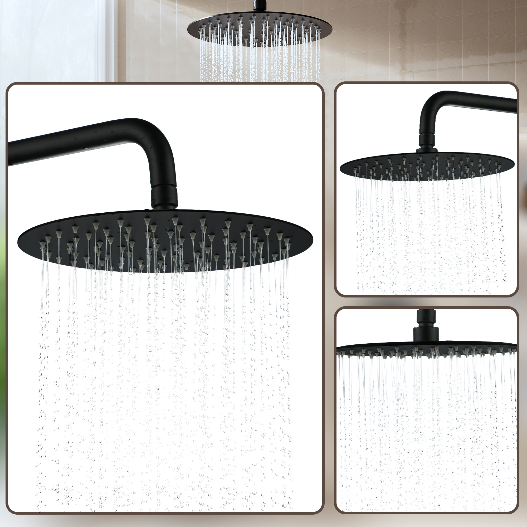 10"/12" Stainless Steel 360 Degree Adjustable 0.08" Ultra-thin Round Shower Head In Matte Black/Brushed Nickel