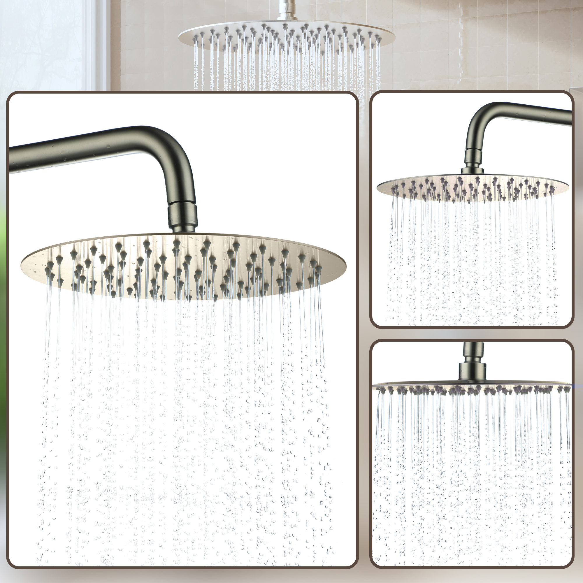 10"/12" Stainless Steel 360 Degree Adjustable 0.08" Ultra-thin Round Shower Head In Matte Black/Brushed Nickel