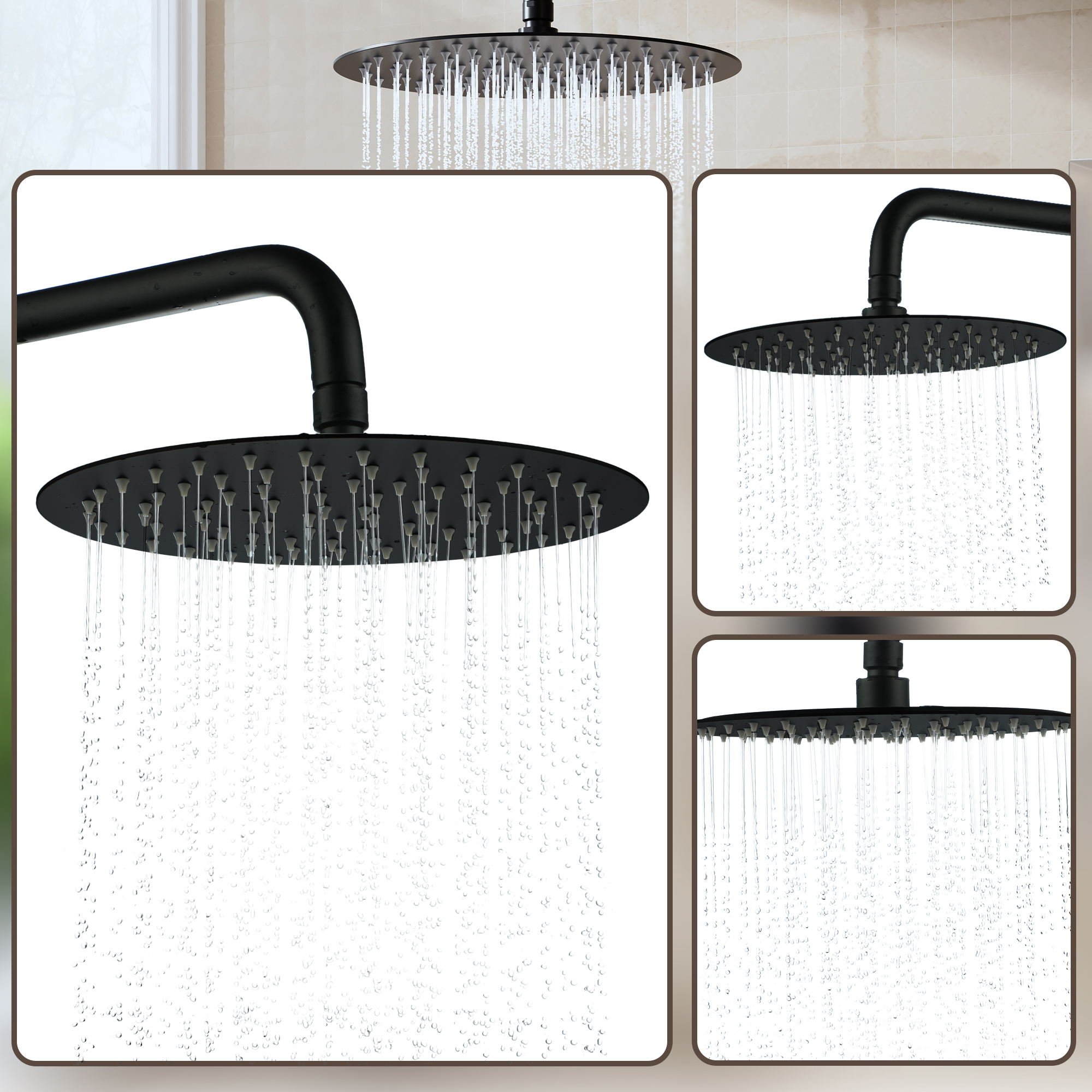 10"/12" Stainless Steel 360 Degree Adjustable 0.08" Ultra-thin Round Shower Head In Matte Black/Brushed Nickel