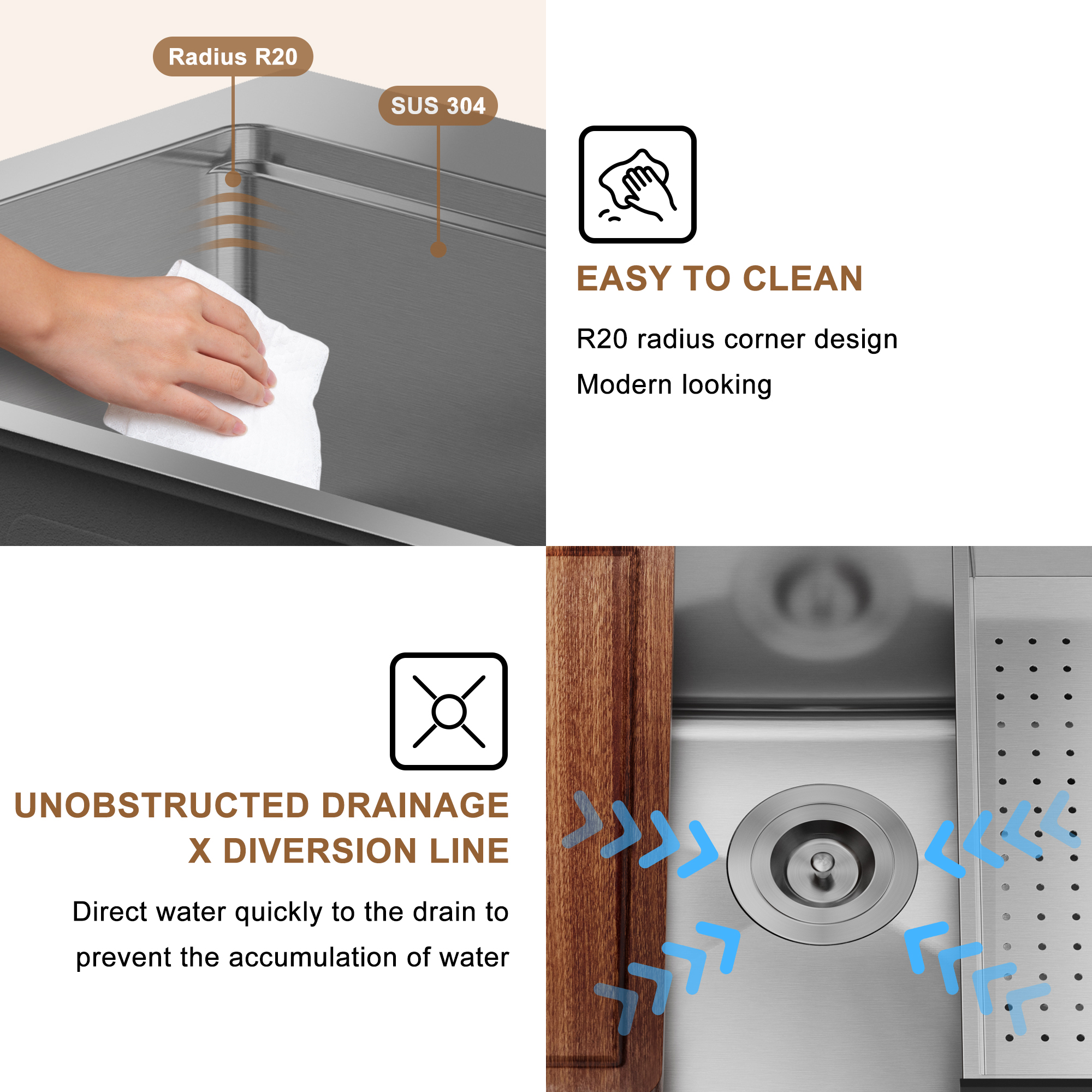 33-inch stainless steel kitchen sink workstation dual installation method single grooves with 2 faucet holes with cutting board, roller curtain, drain basket, drain grid and drainer