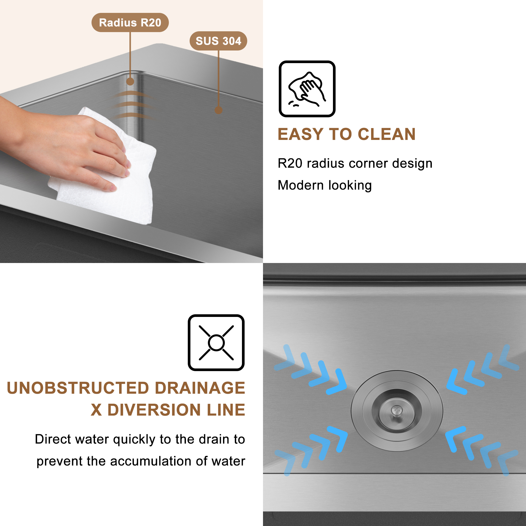 33-inch stainless steel sink on the counter installation single grooves with 2 faucet holes with drain grid and drainer thick 18Ga