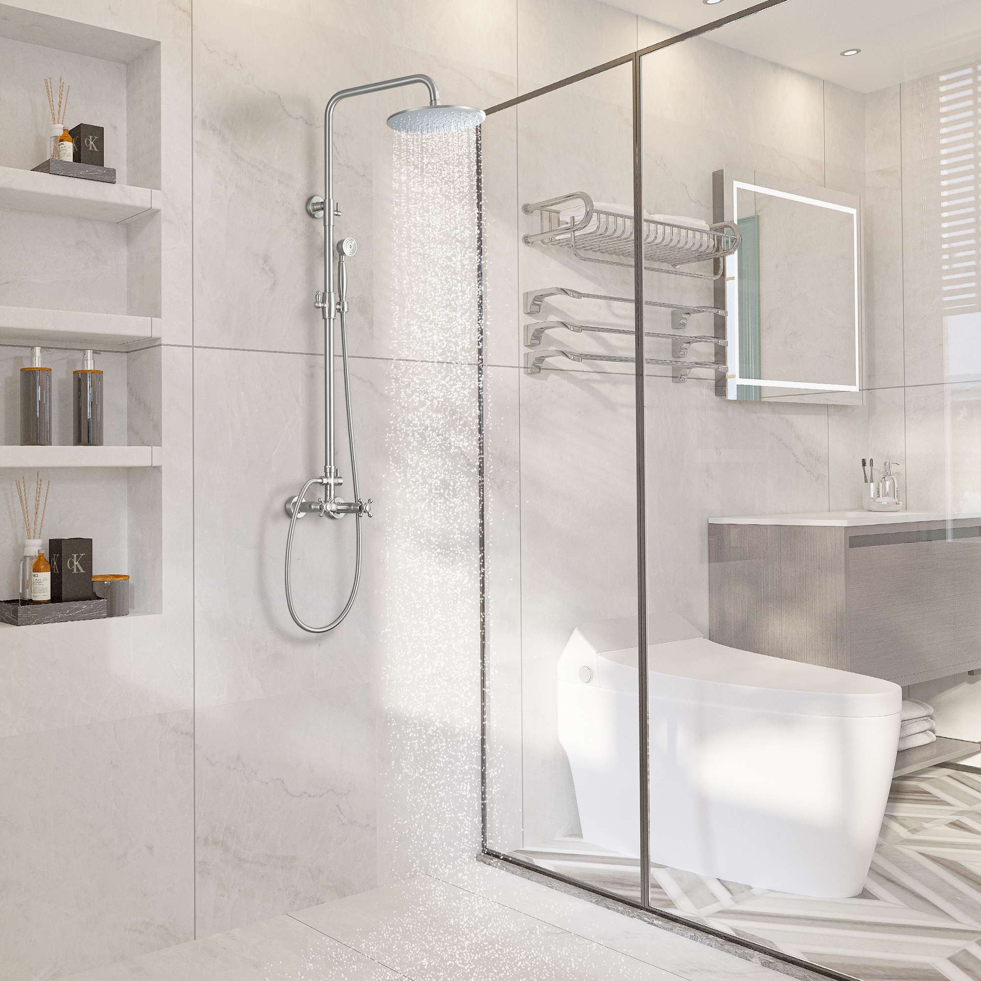 Boyel Living 8 in. Wall Mount Complete Shower System Exposed Pipe with Dual Shower Heads