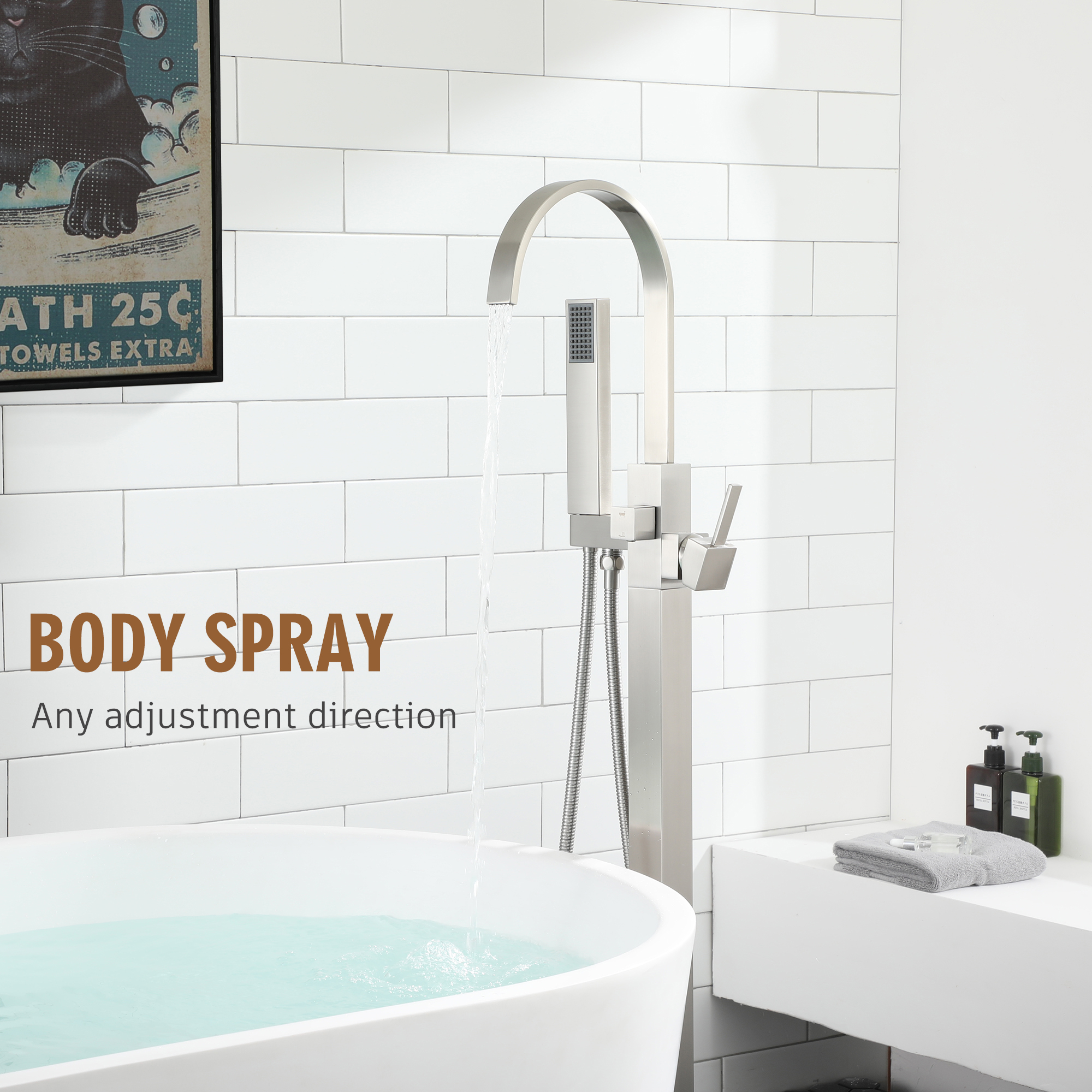 Single-Handle Floor-Mounted Bathtub Faucet High Flow Bathroom Tub Filler with Hand Shower, Brushed Nickel