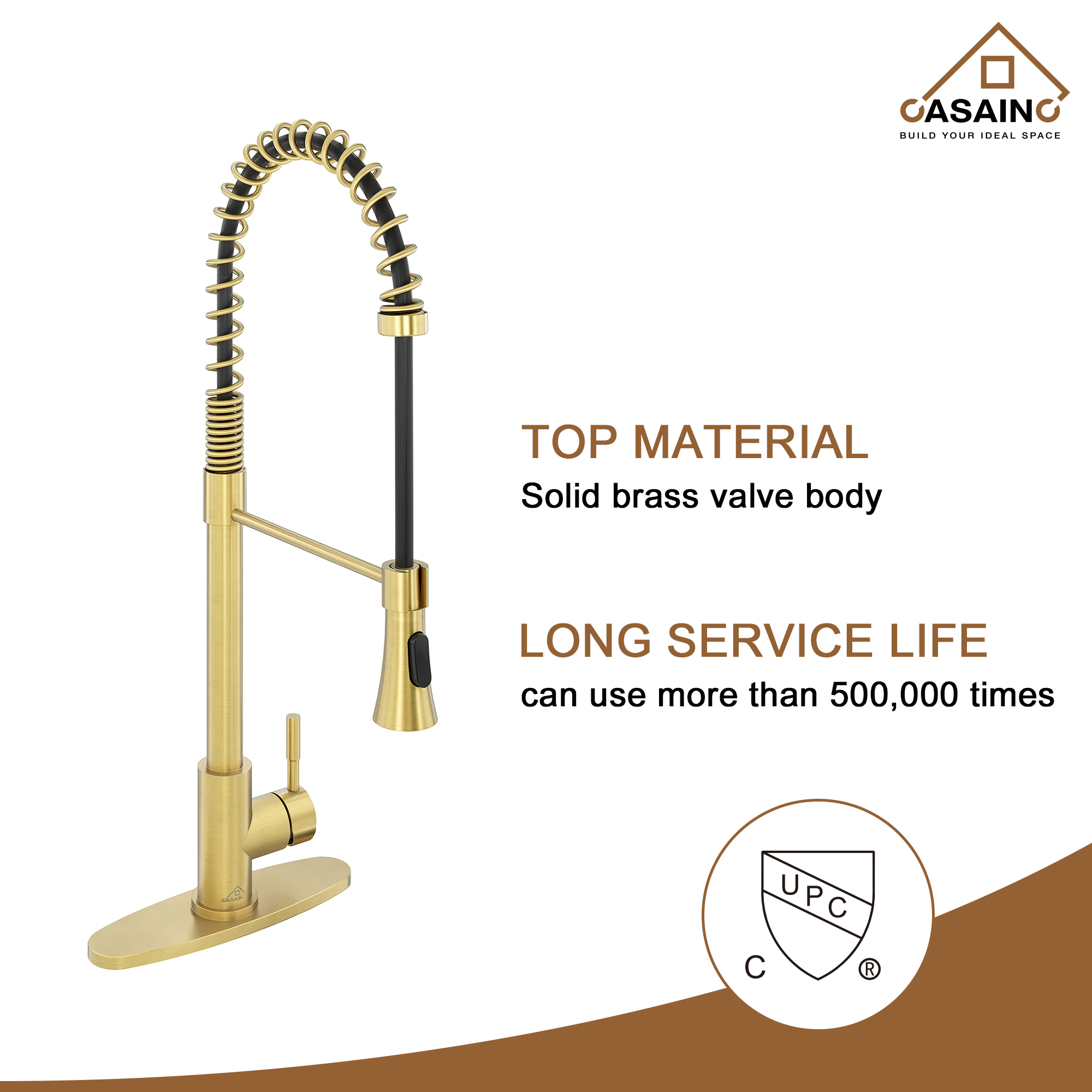 Single-Handle Spring Pull Down Sprayer Kitchen Faucet in Brushed Gold with Dual Function Sprayhead and Deckplate