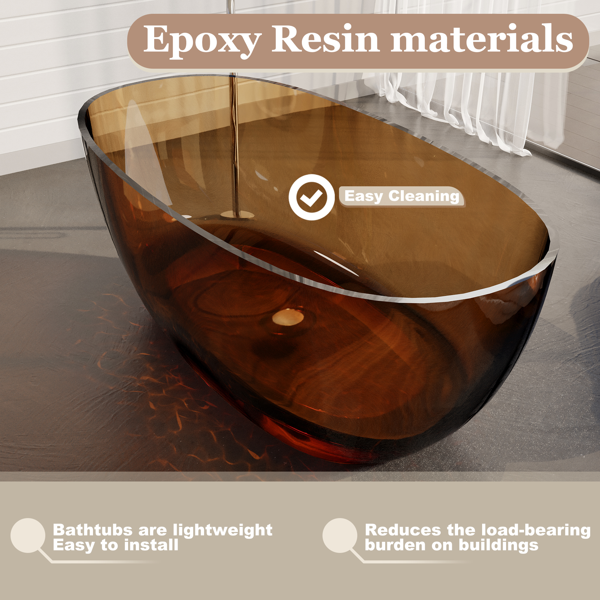 59" Soaking Tub Transparent Resin Freestanding Bathtub Modern Oval Design Stand Alone Tub with Overflow and Pop-up Drain