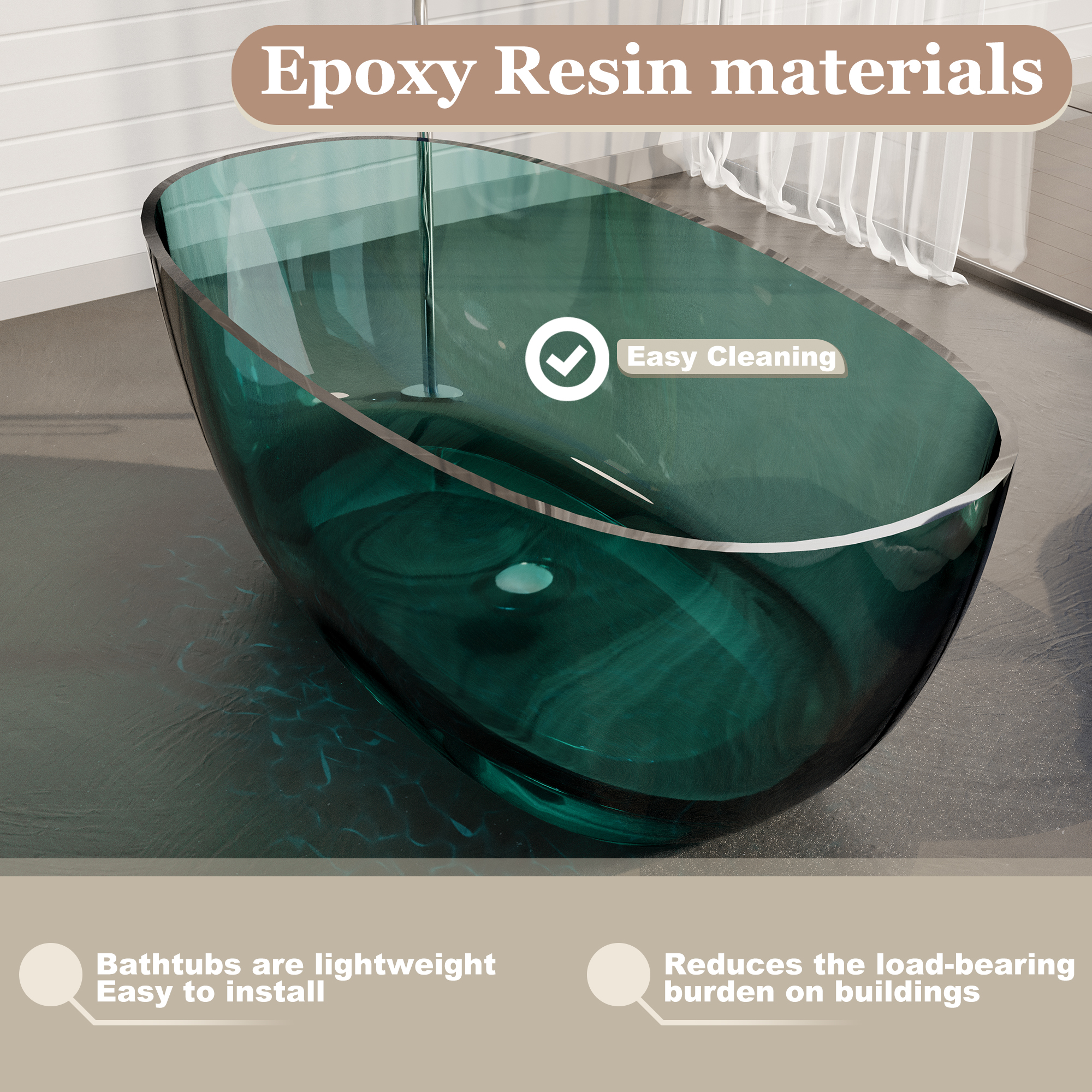 59" Soaking Tub Transparent Resin Freestanding Bathtub Modern Oval Design Stand Alone Tub with Overflow and Pop-up Drain