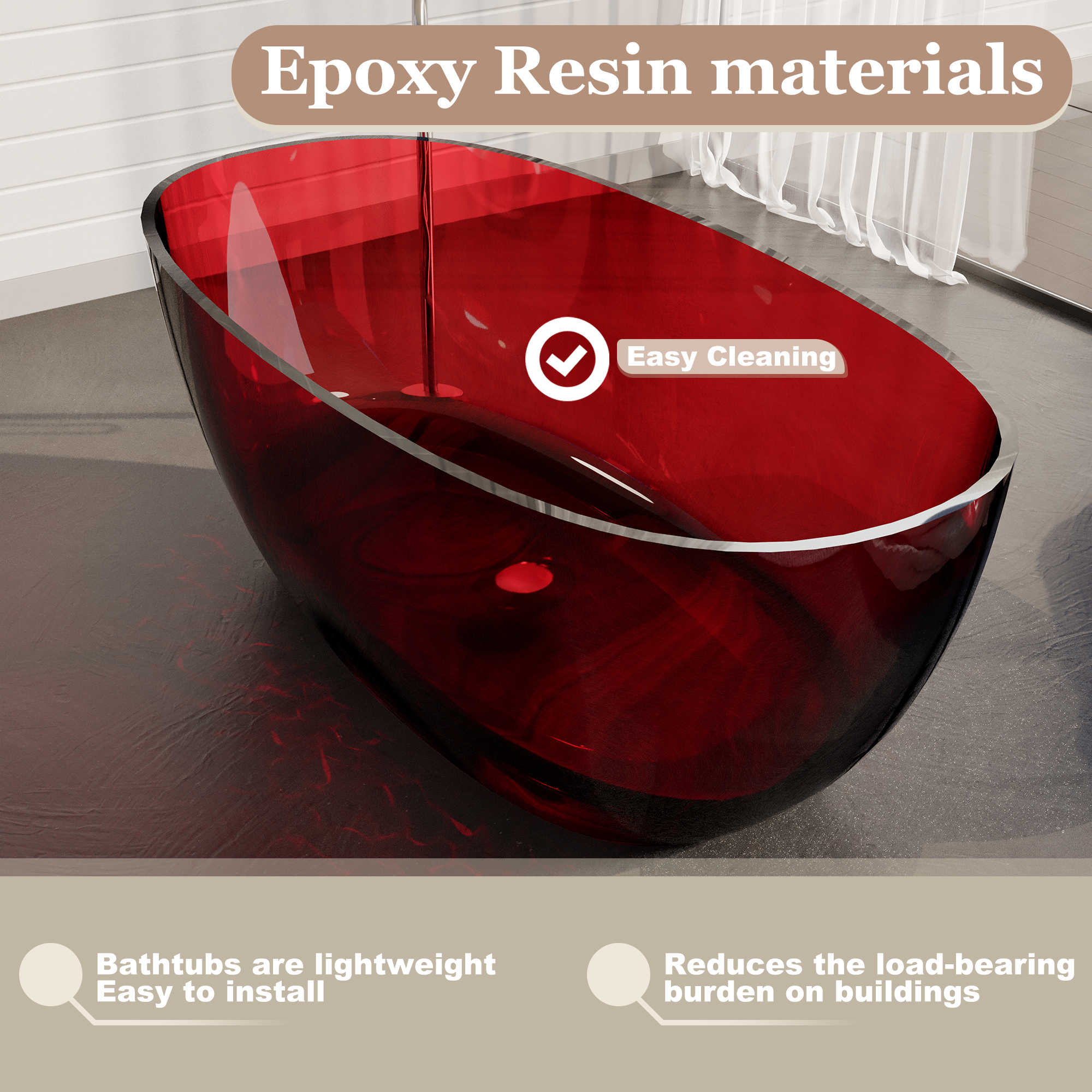 59" Soaking Tub Transparent Resin Freestanding Bathtub Modern Oval Design Stand Alone Tub with Overflow and Pop-up Drain