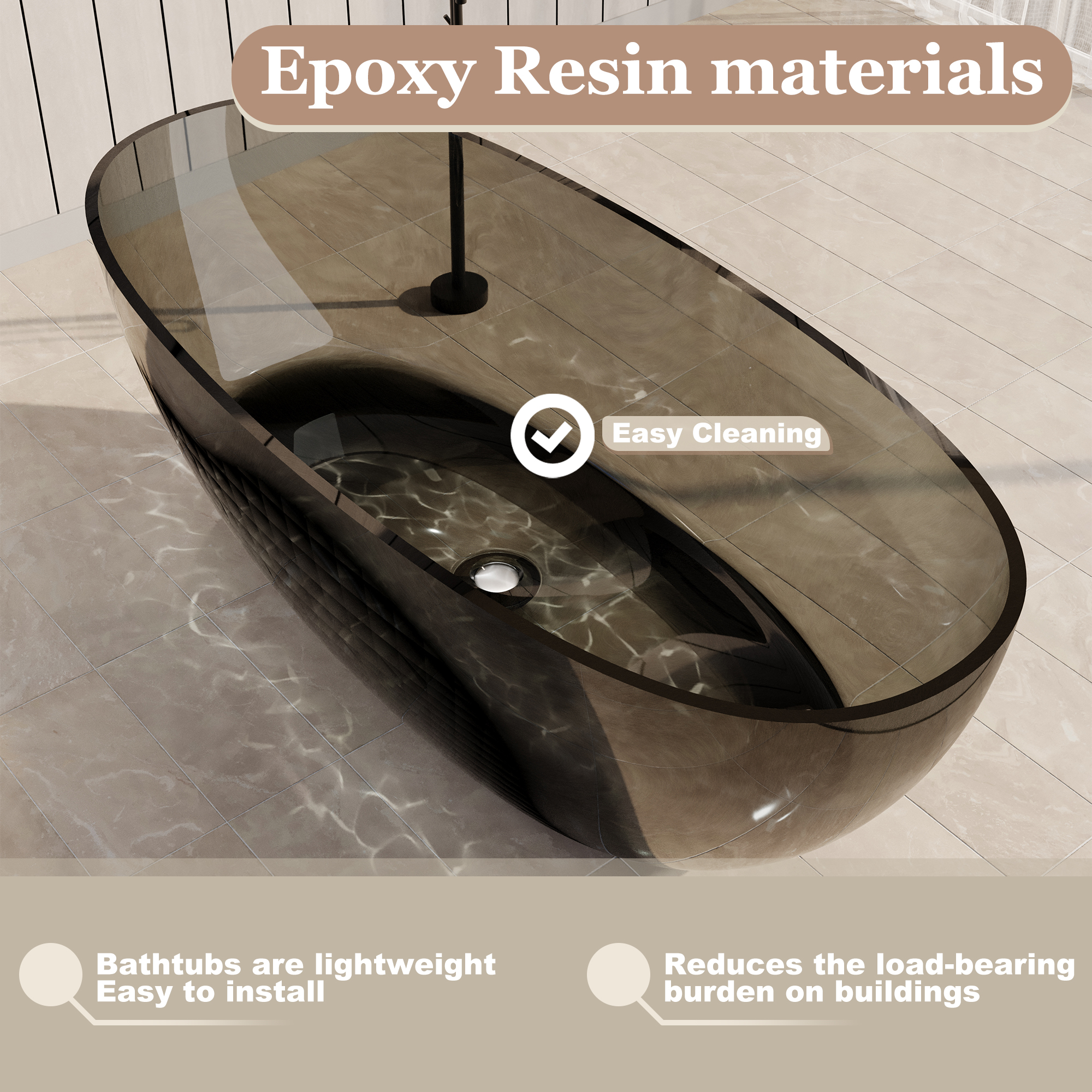 67" Soaking Tub Transparent Resin Freestanding Bathtub Modern Oval Design Stand Alone Tub with Overflow and Pop-up Drain ,Black & Grey/Coffee/Red/Blue