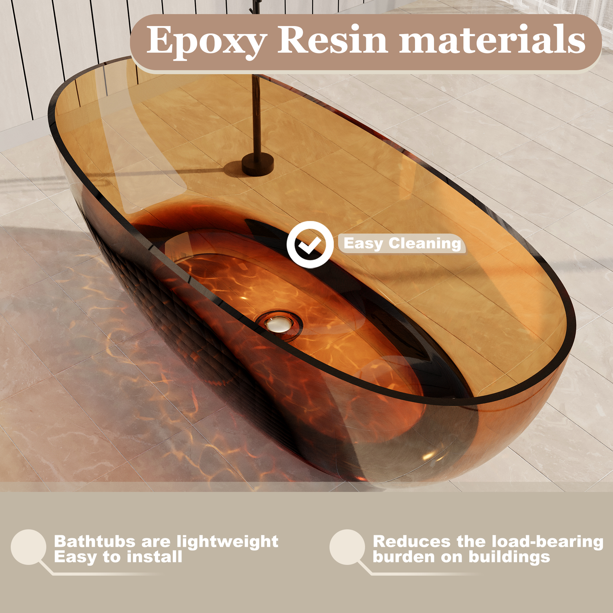 67" Soaking Tub Transparent Resin Freestanding Bathtub Modern Oval Design Stand Alone Tub with Overflow and Pop-up Drain ,Black & Grey/Coffee/Red/Blue