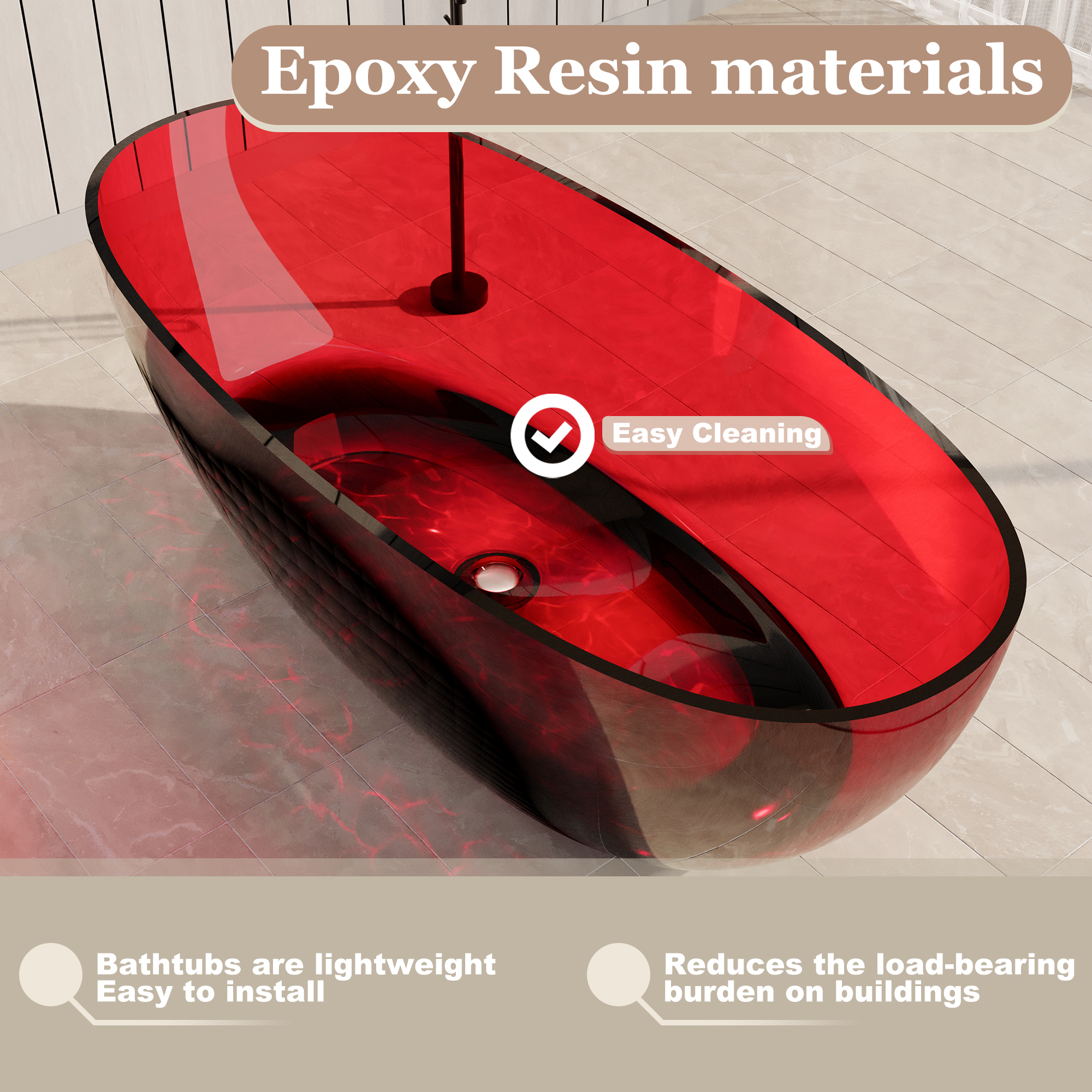 67" Soaking Tub Transparent Resin Freestanding Bathtub Modern Oval Design Stand Alone Tub with Overflow and Pop-up Drain ,Black & Grey/Coffee/Red/Blue