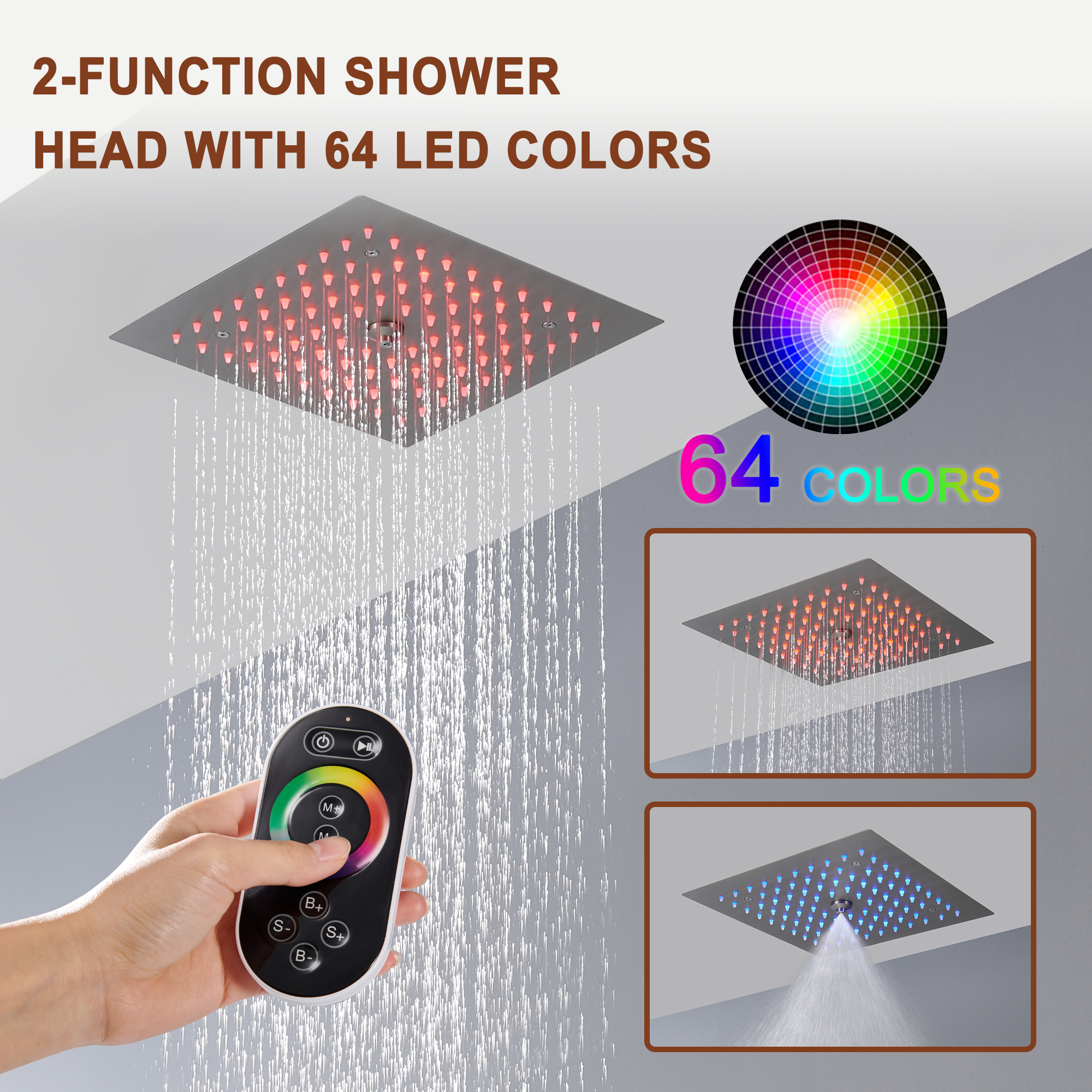 Mondawe Luxury Thermostatic LED 4-Spray Patterns 12 in. Flush Ceiling Mount Rainfall Dual Shower Heads-Mondawe