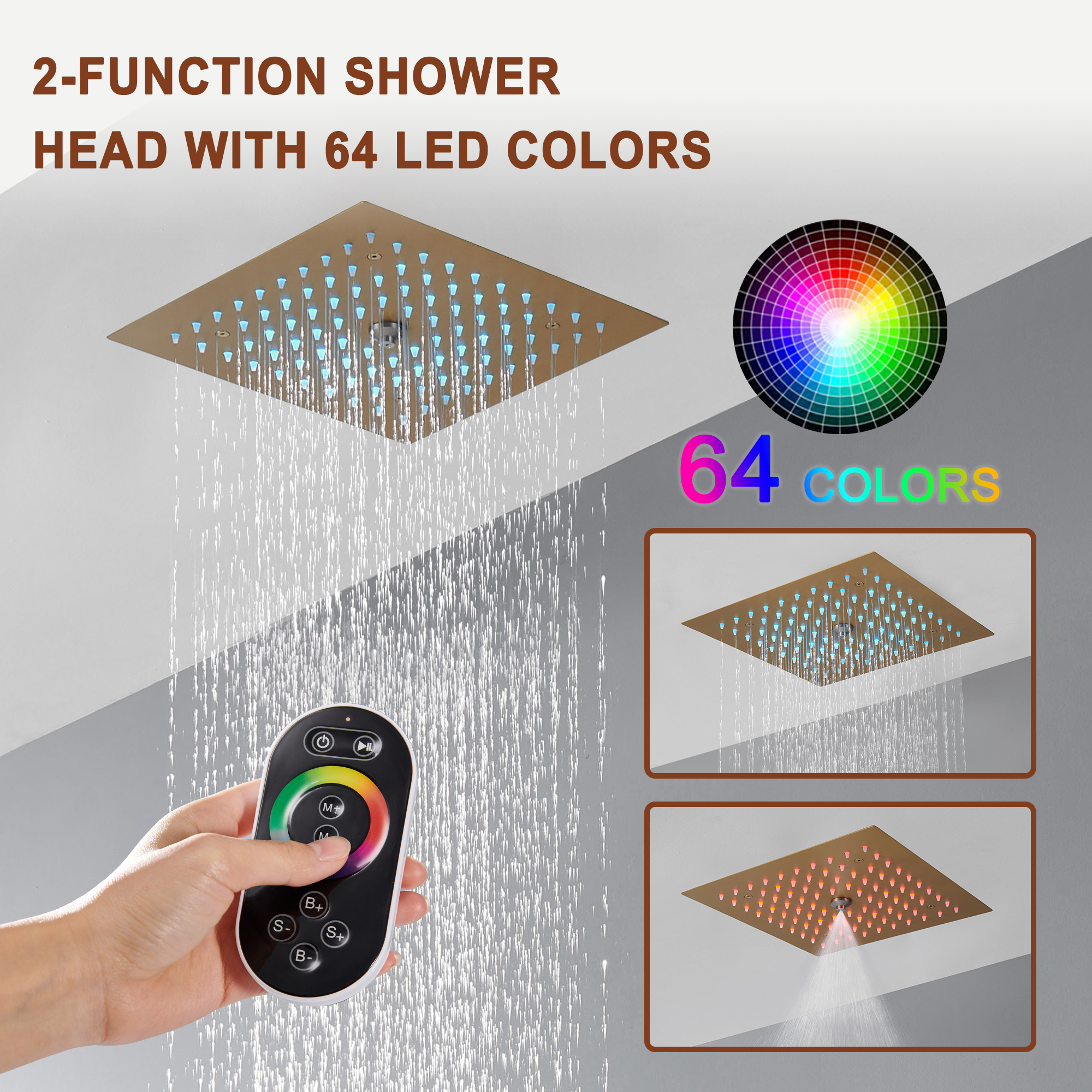 Mondawe Luxury Thermostatic LED 4-Spray Patterns 12 in. Flush Ceiling Mount Rainfall Dual Shower Heads-Mondawe