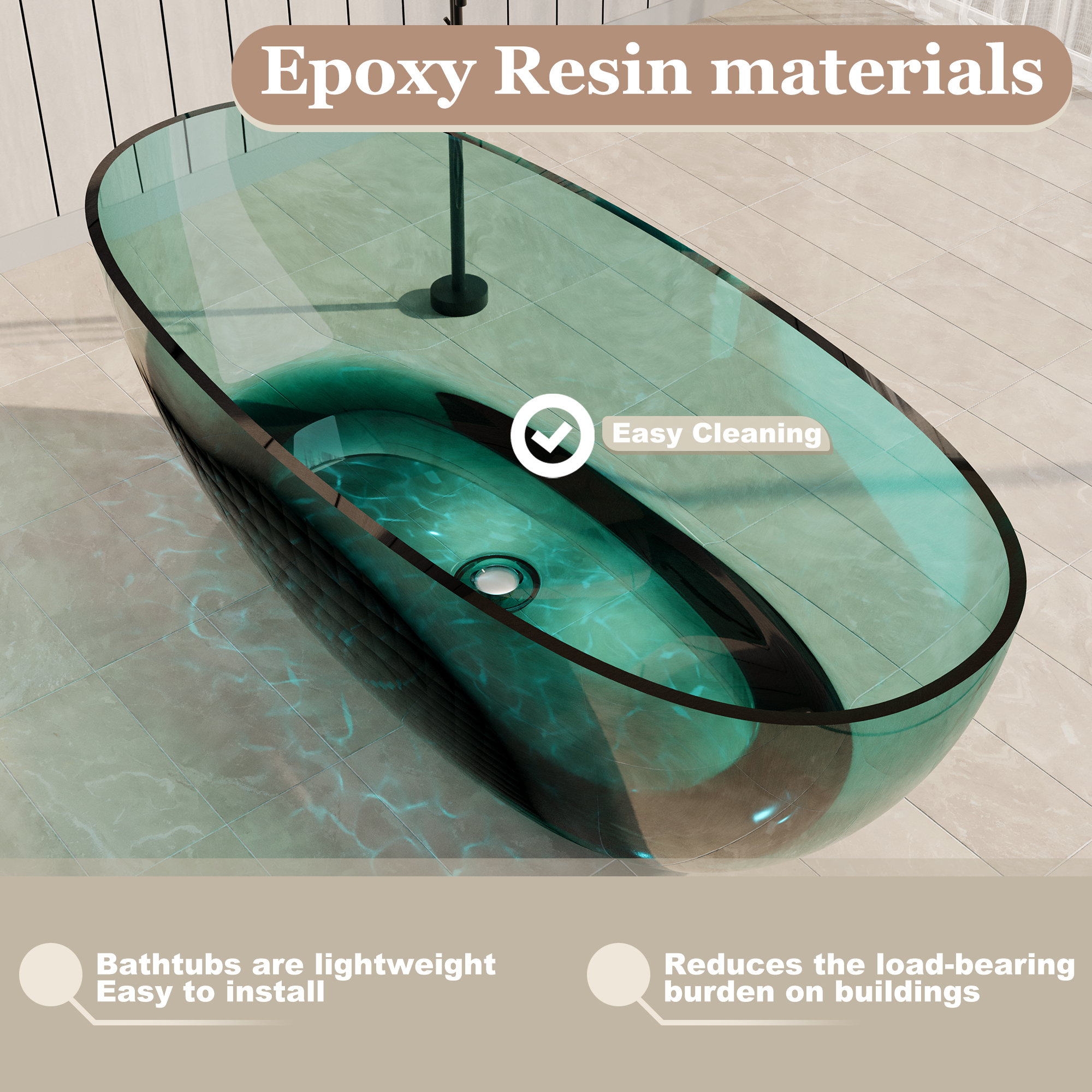 67" Soaking Tub Transparent Resin Freestanding Bathtub Modern Oval Design Stand Alone Tub with Overflow and Pop-up Drain ,Black & Grey/Coffee/Red/Blue