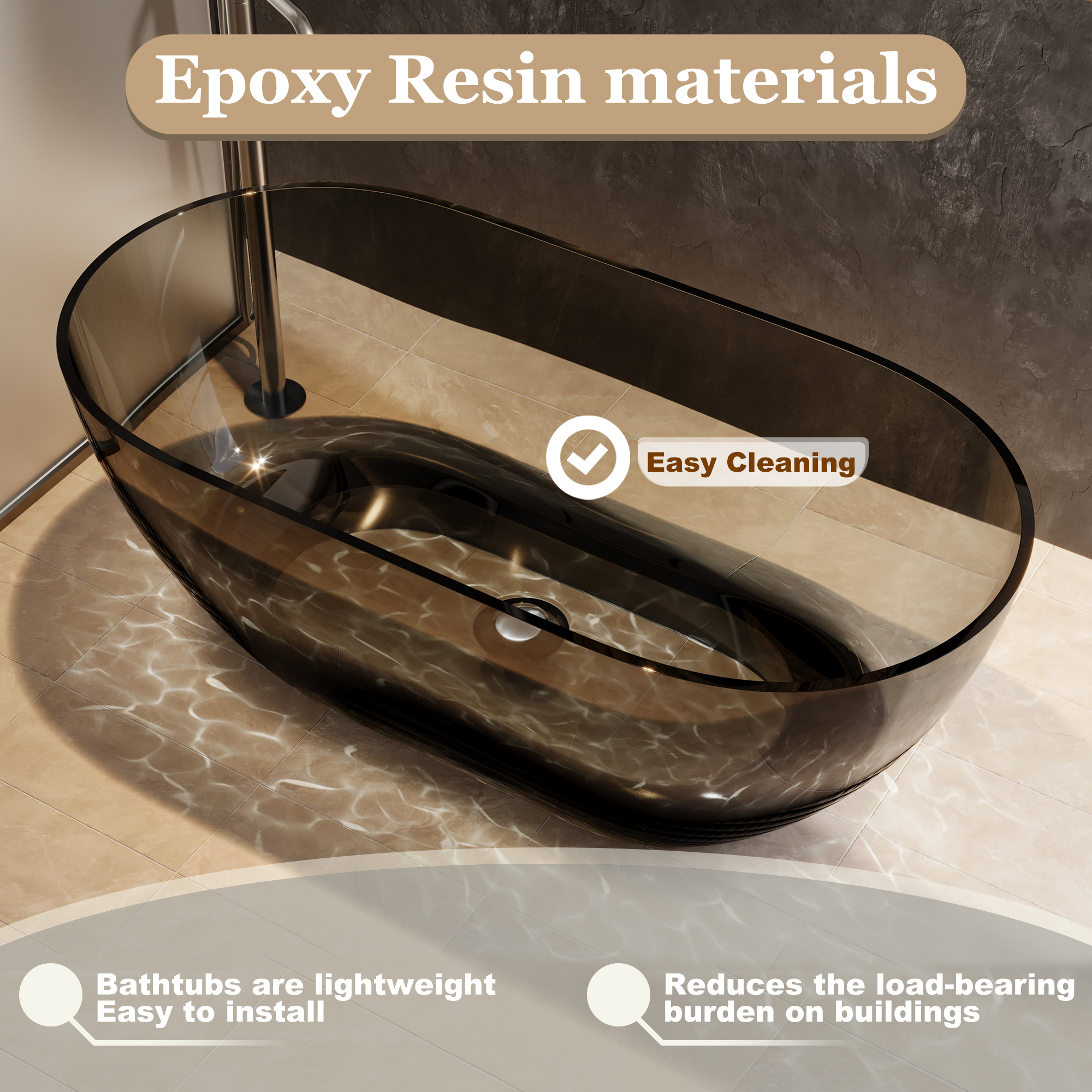  59" Resin Freestanding Bathtub Transparent Soaking Tub Modern Oval Design Stand Alone Tub with Pop-up Drain and Overflow,Black & Grey/Coffee/Purple/Blue