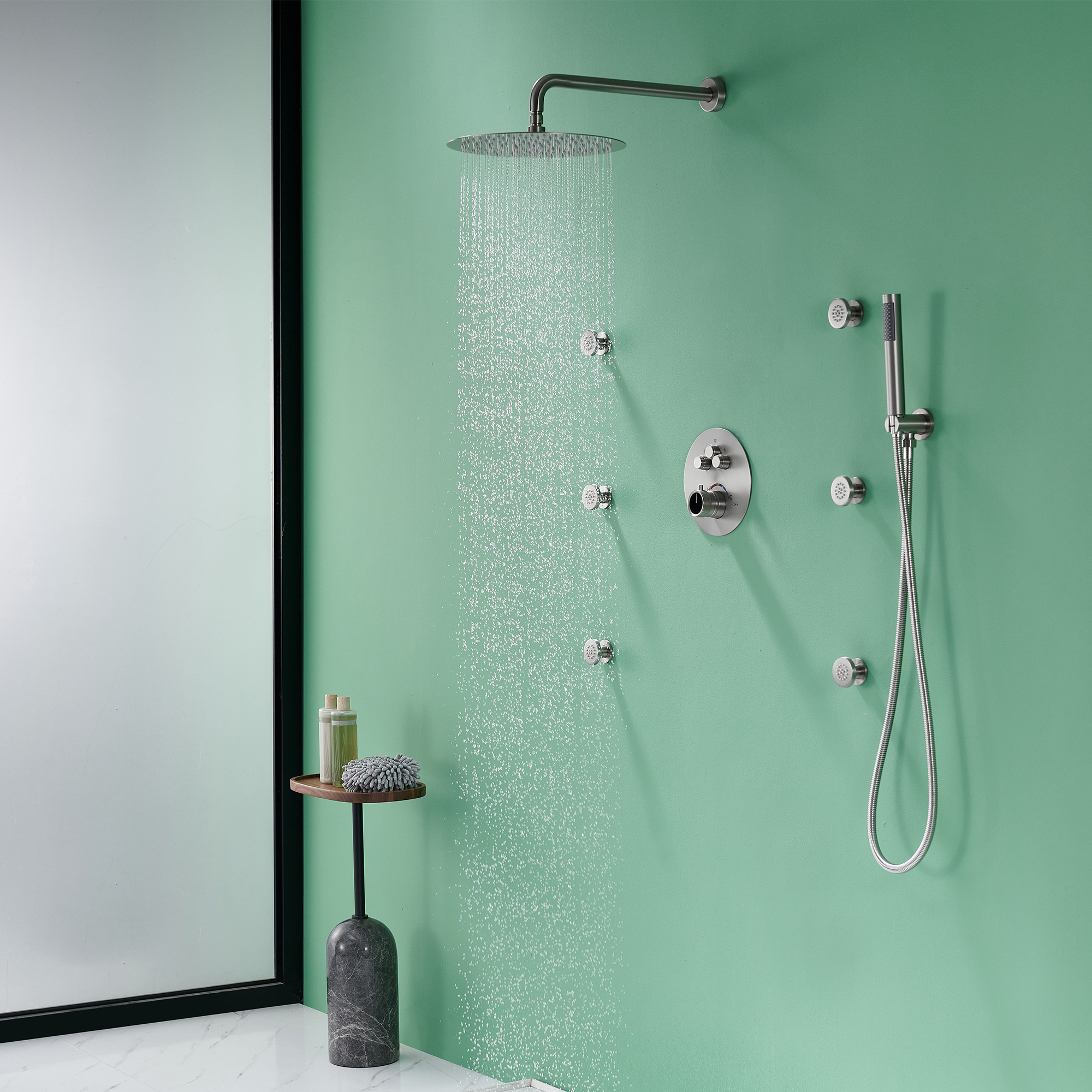 Mondawe Round Shower System With Body Jet,12 inch Wall Mounted High-Pressure Rainfall Shower Head Handheld and 6 pcs Body Sprays,Rain Shower Mixer Combo Set-Mondawe