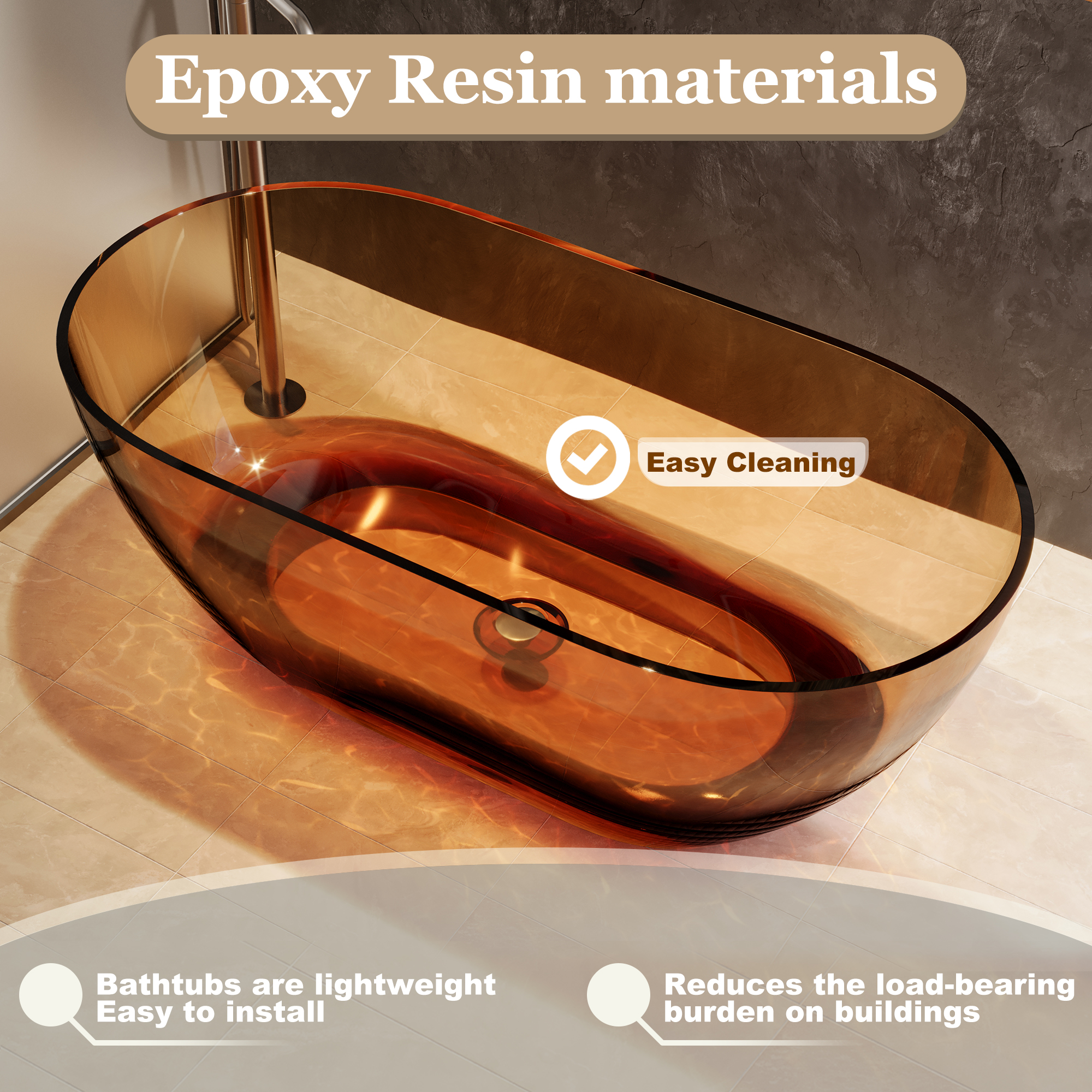  59" Resin Freestanding Bathtub Transparent Soaking Tub Modern Oval Design Stand Alone Tub with Pop-up Drain and Overflow,Black & Grey/Coffee/Purple/Blue