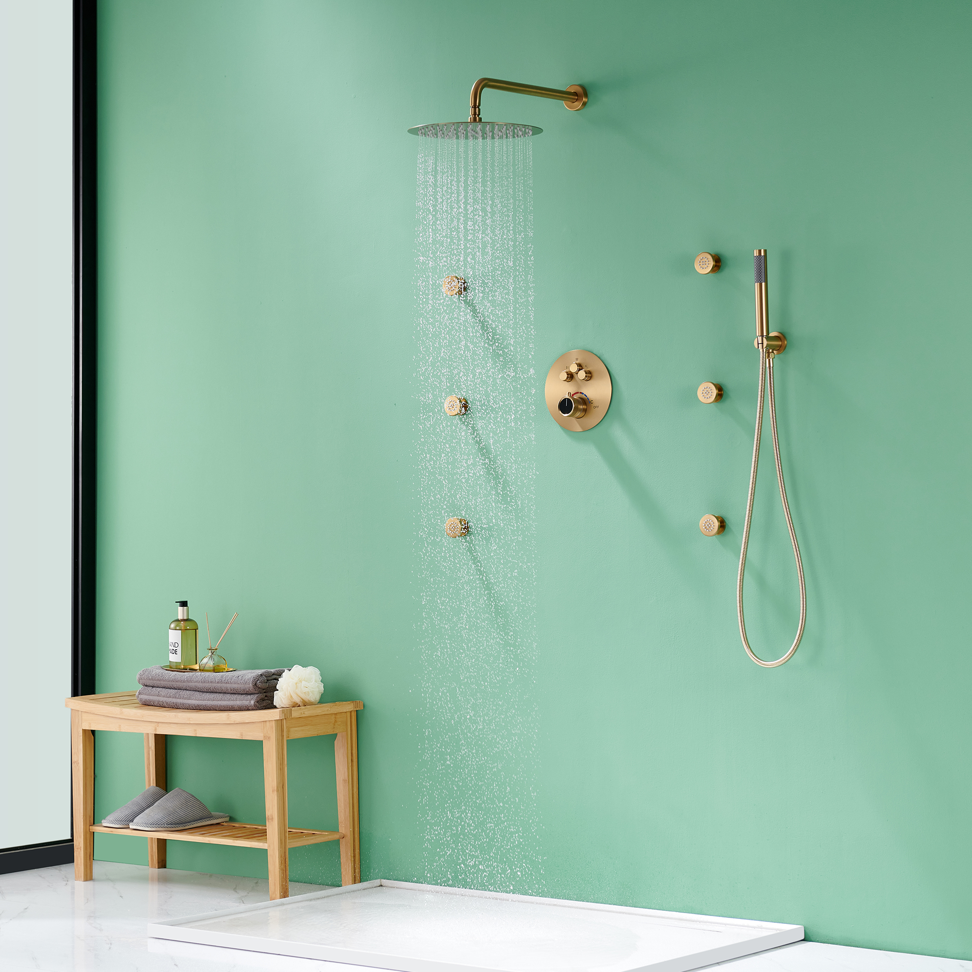 Mondawe Round Shower System With Body Jet,12 inch Wall Mounted High-Pressure Rainfall Shower Head Handheld and 6 pcs Body Sprays,Rain Shower Mixer Combo Set-Mondawe