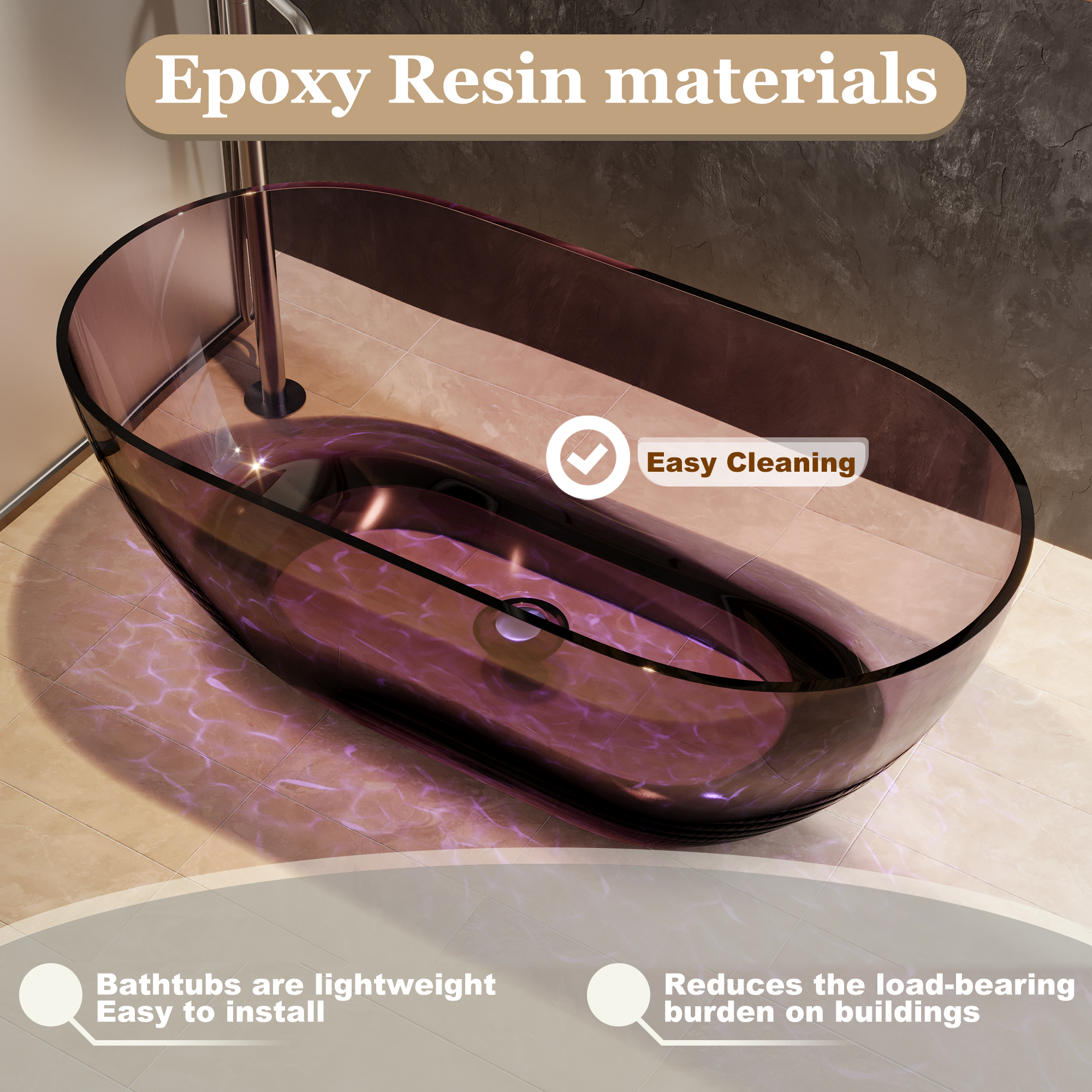  59" Resin Freestanding Bathtub Transparent Soaking Tub Modern Oval Design Stand Alone Tub with Pop-up Drain and Overflow,Black & Grey/Coffee/Purple/Blue