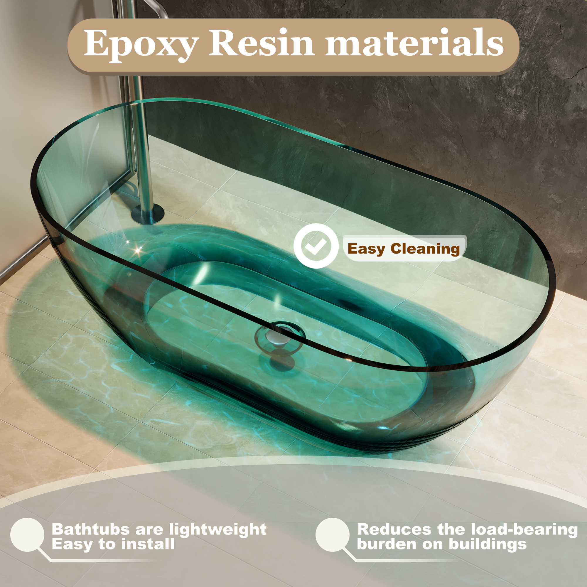  59" Resin Freestanding Bathtub Transparent Soaking Tub Modern Oval Design Stand Alone Tub with Pop-up Drain and Overflow,Black & Grey/Coffee/Purple/Blue