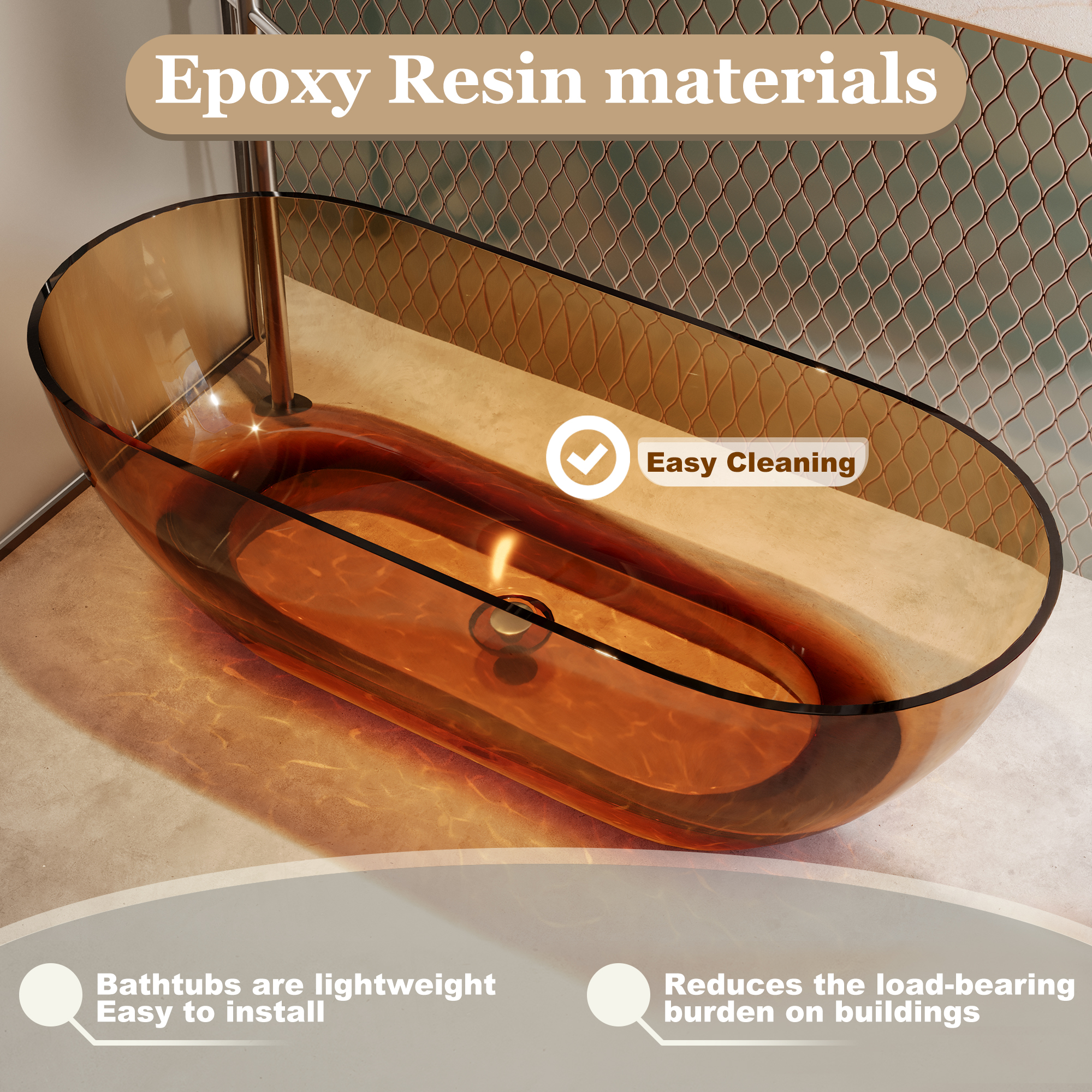 69" Resin Freestanding Bathtub Transparent Soaking Tub Modern Oval Design Stand Alone Tub with Pop-up Drain and Overflow,Black & Grey/Coffee/Purple/Blue