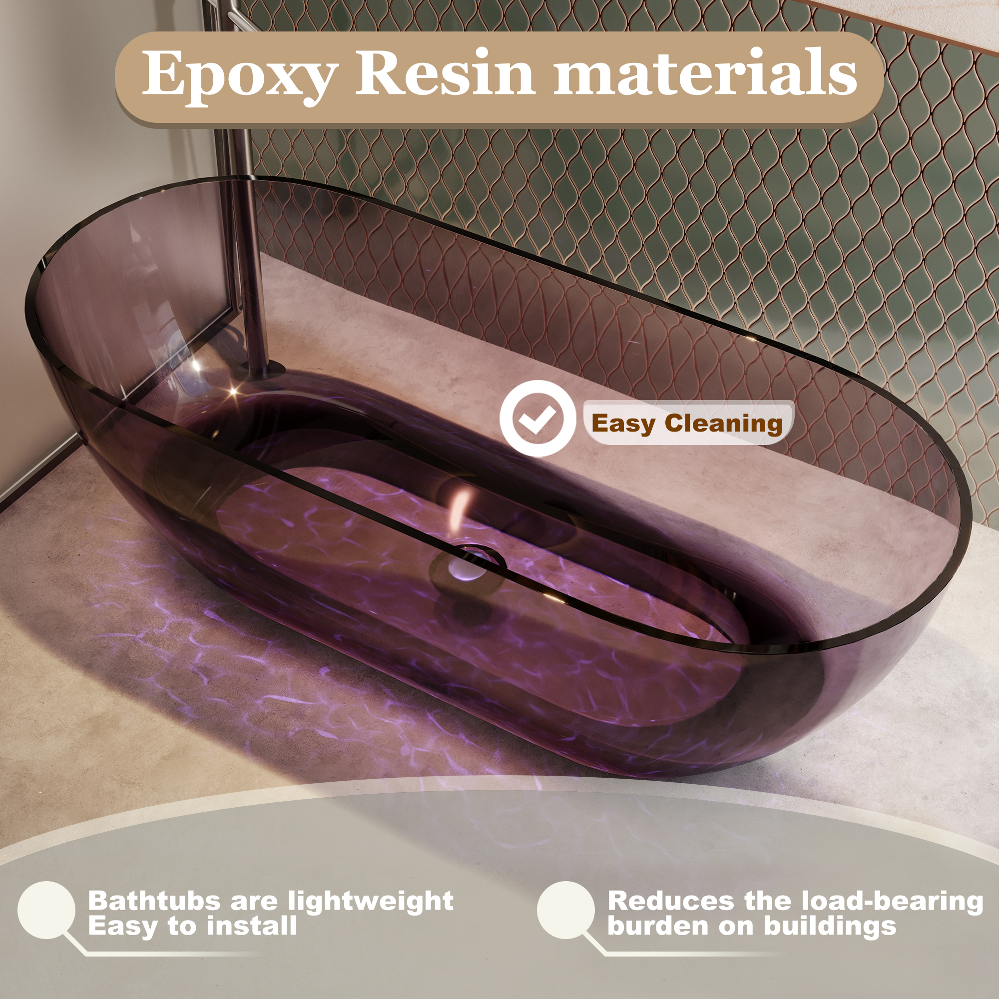 69" Resin Freestanding Bathtub Transparent Soaking Tub Modern Oval Design Stand Alone Tub with Pop-up Drain and Overflow,Black & Grey/Coffee/Purple/Blue