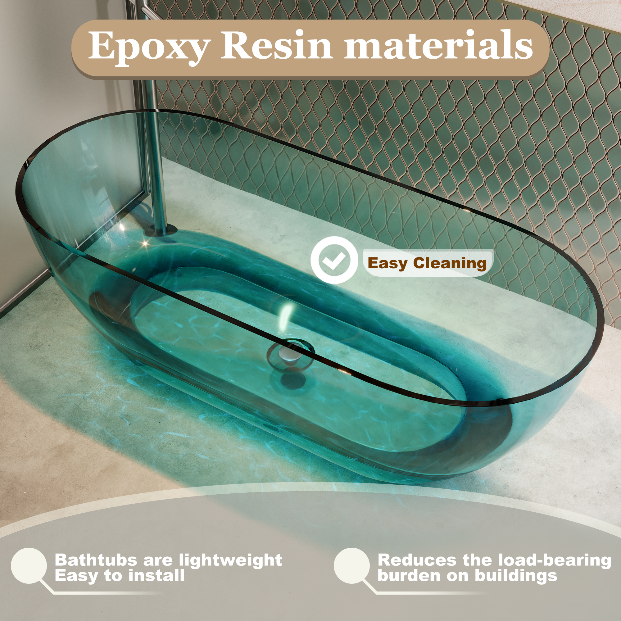 69" Resin Freestanding Bathtub Transparent Soaking Tub Modern Oval Design Stand Alone Tub with Pop-up Drain and Overflow,Black & Grey/Coffee/Purple/Blue