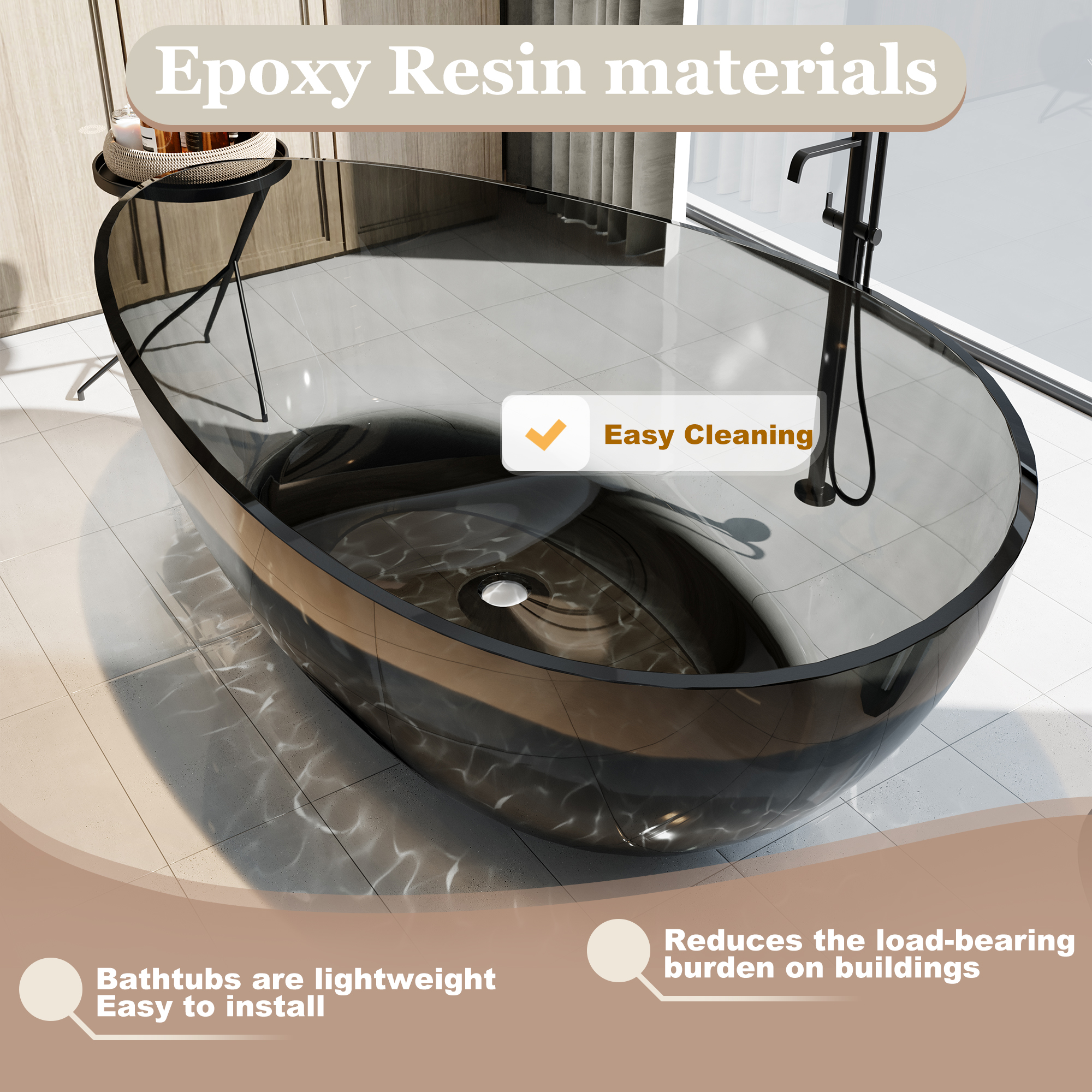 63" Freestanding Bathtub Transparent Resin Soaking Tub Modern Oval Design Stand Alone Tub with Overflow and Pop-up Drain