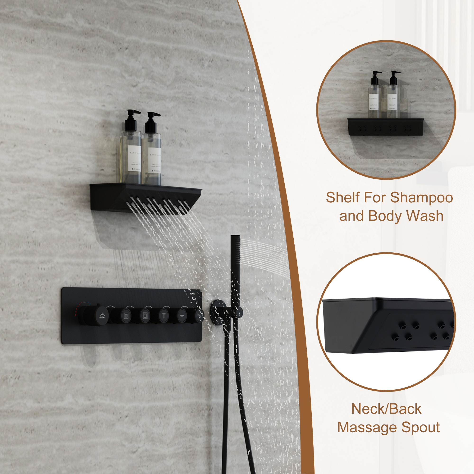 23.6 in. Single-Handle 5-Spray Square Shower Faucet 2.5 GPM with Body Spray in. Matte Black, Valve Included
