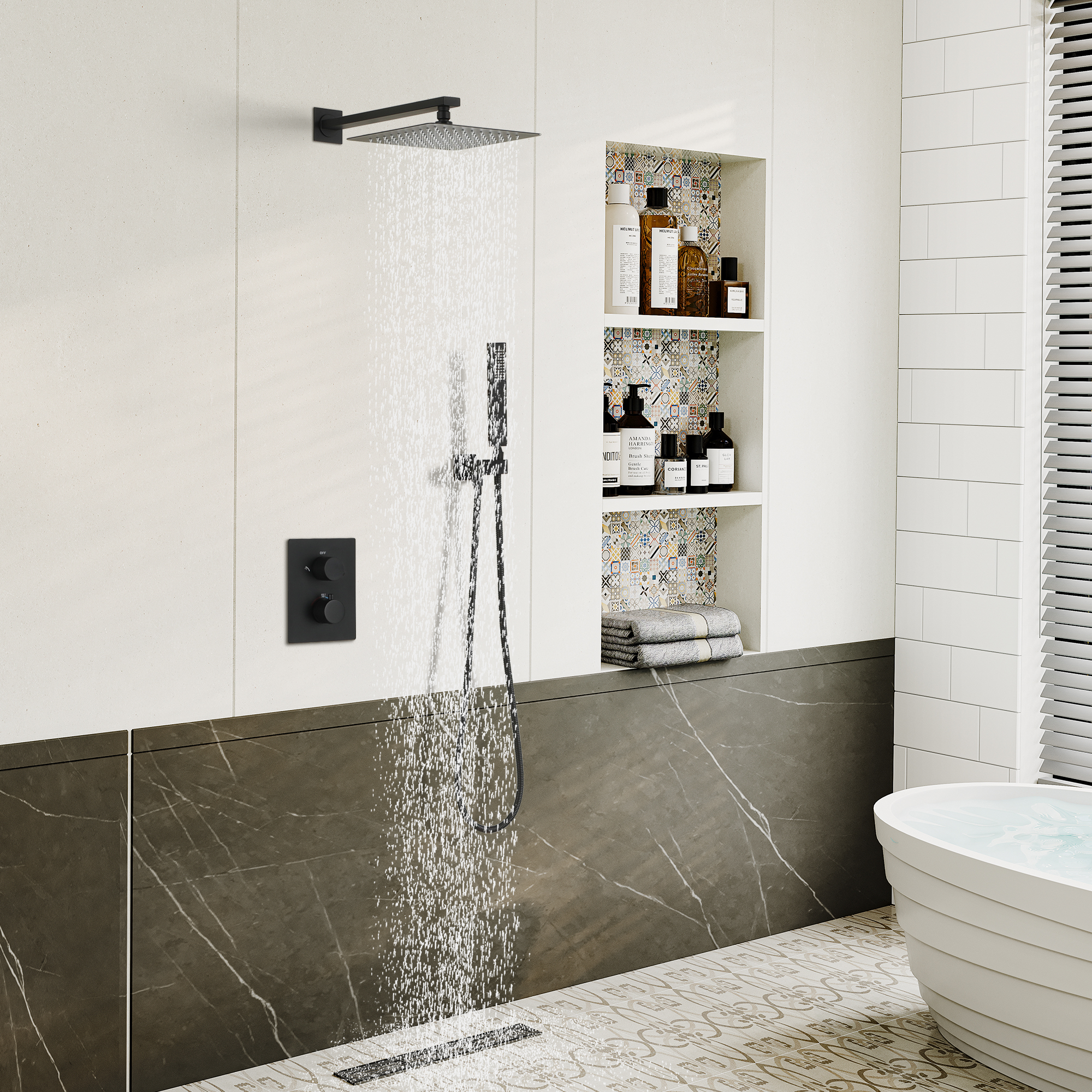 Duschsystem Regenduschkopf Hochdruck Duscharmatur System 10 Zoll Deckenbrause mit Handbrause für Badezimmer, Mattschwarz