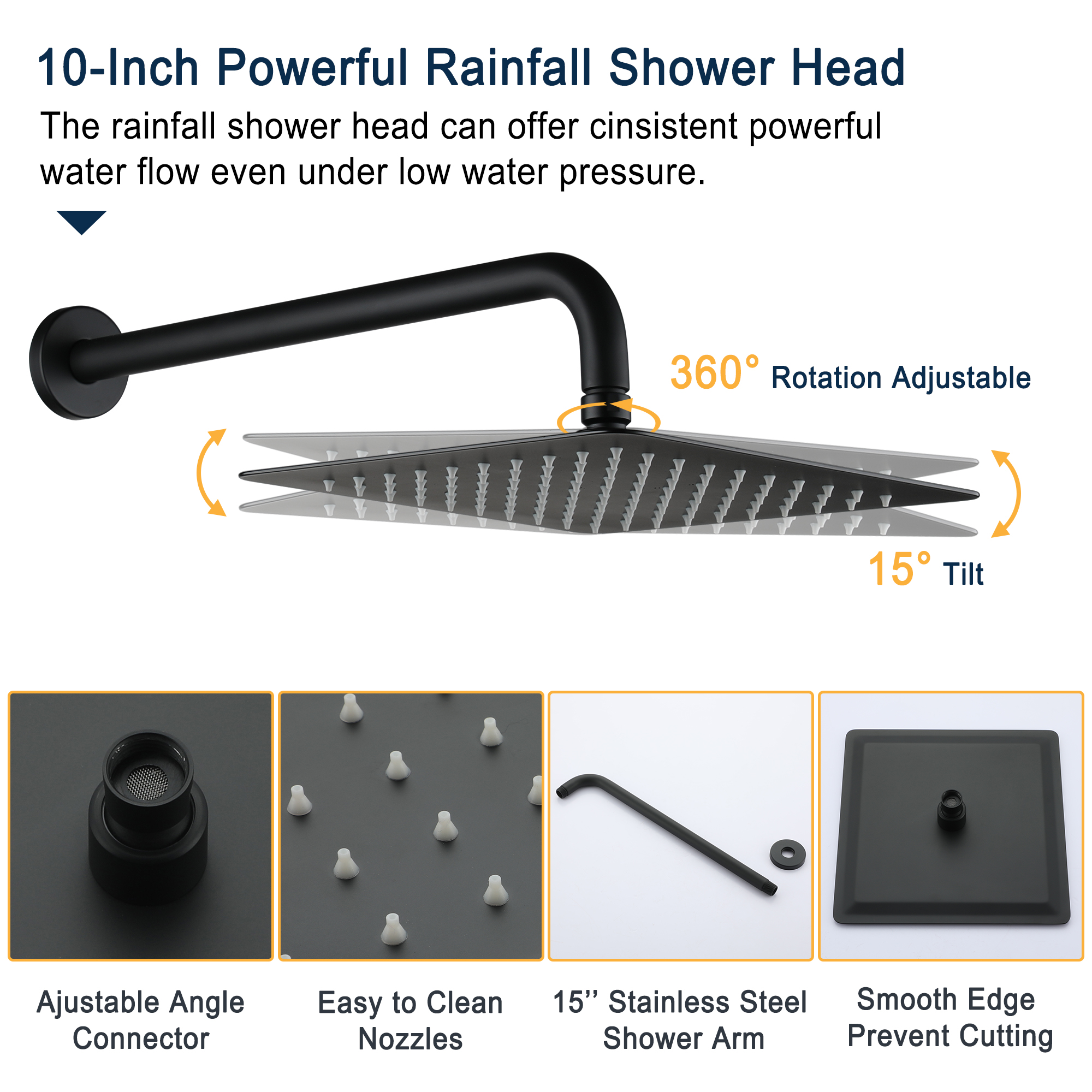 Shower System Rainfall Shower Head with Handheld Spary Combo Shower Faucet System 10inch Ceiling Shower Head with valve for Bathroom, Matte Black