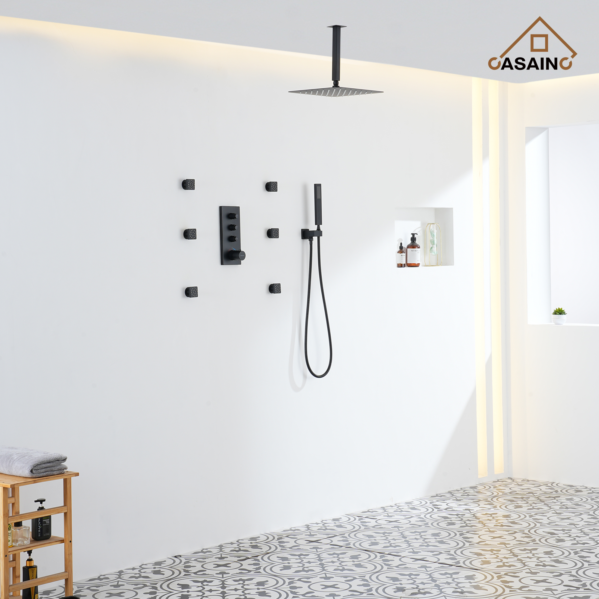 Thermostatic 2-Spray Patterns 12 in. Dual Ceiling Mount Fixed and Handheld Shower Head in Matte Black with 6-Jets