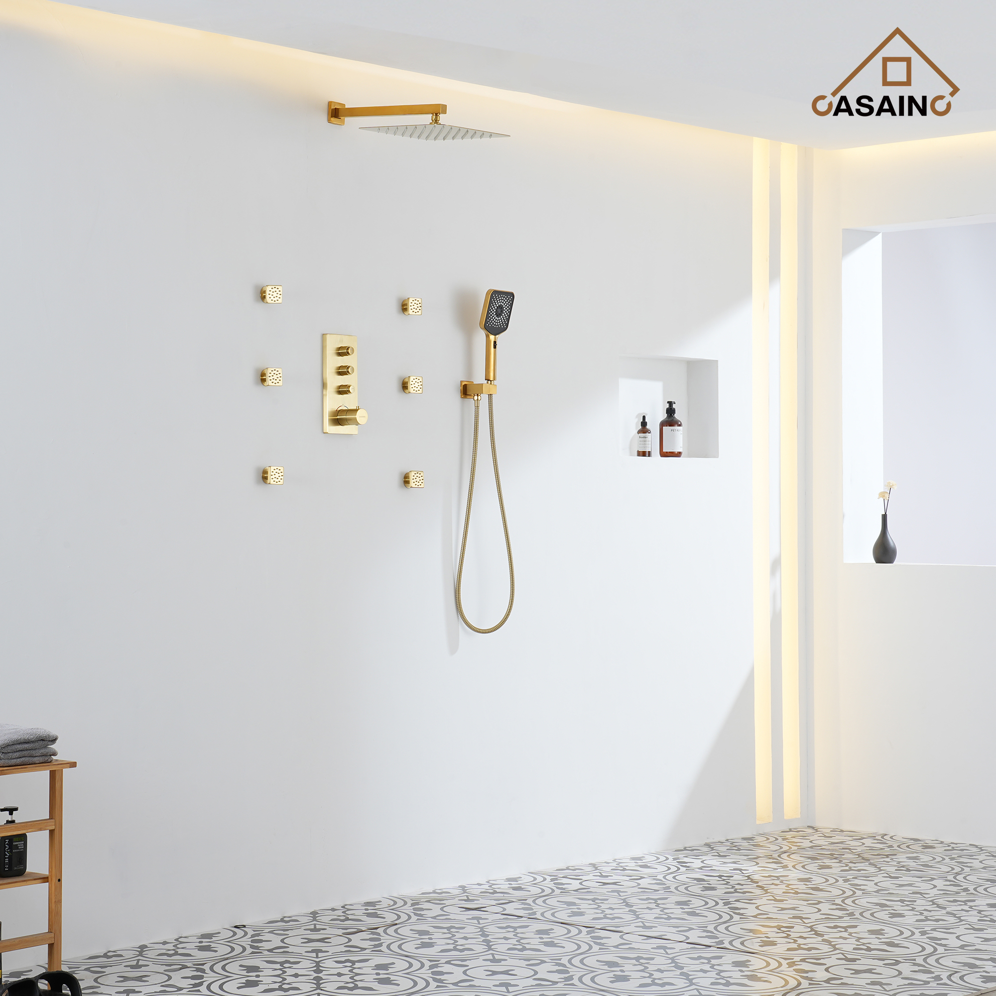 Luxury Thermostatic 3-Spray Patterns 12 in. Flush Wall Mount/Ceiling Mount Rainfall Dual Shower Heads with 6-Jets in Brushed Gold