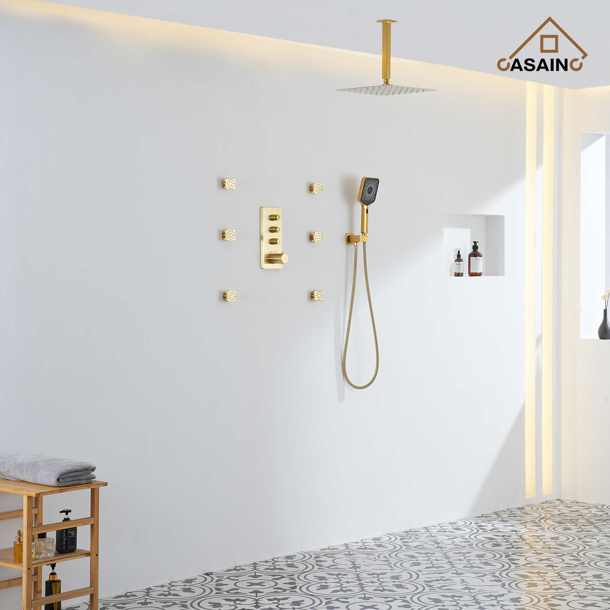 Luxury Thermostatic 3-Spray Patterns 12 in. Flush Wall Mount/Ceiling Mount Rainfall Dual Shower Heads with 6-Jets in Brushed Gold