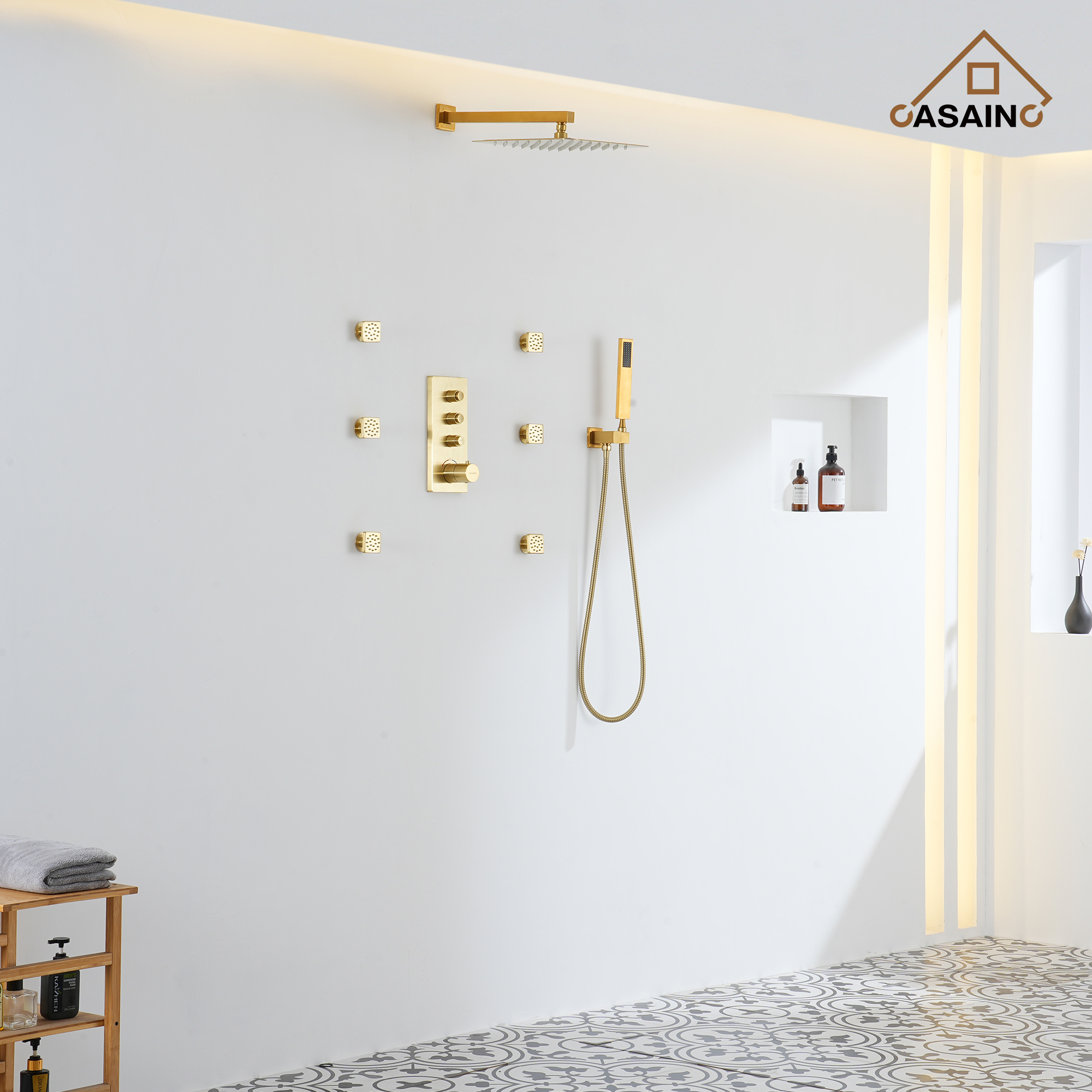 Brushed Gold 12-in Built-In Shower Faucet System with 3-way Diverter (Thermostatic Valve Included)
