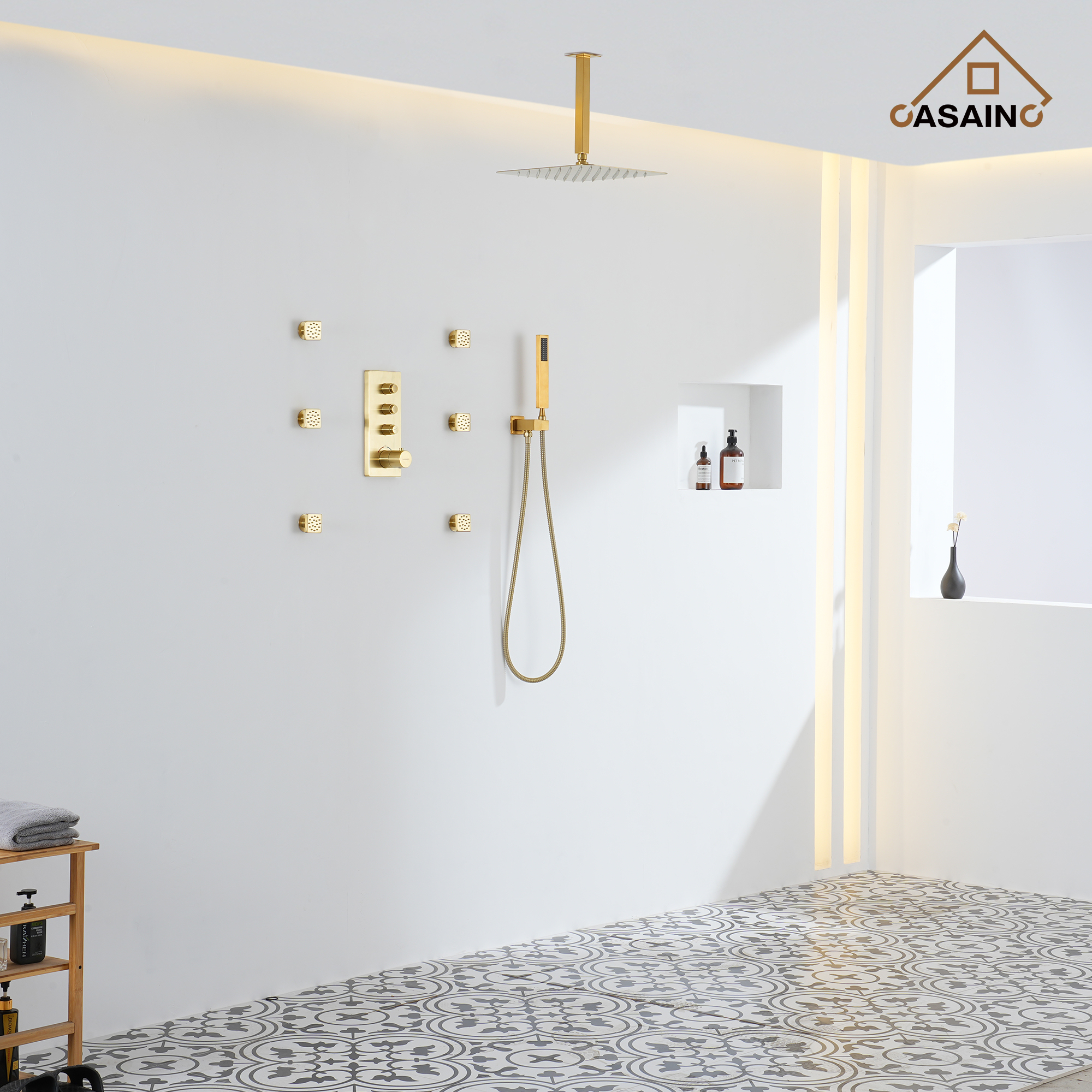 Brushed Gold 12-in Built-In Shower Faucet System with 3-way Diverter (Thermostatic Valve Included)