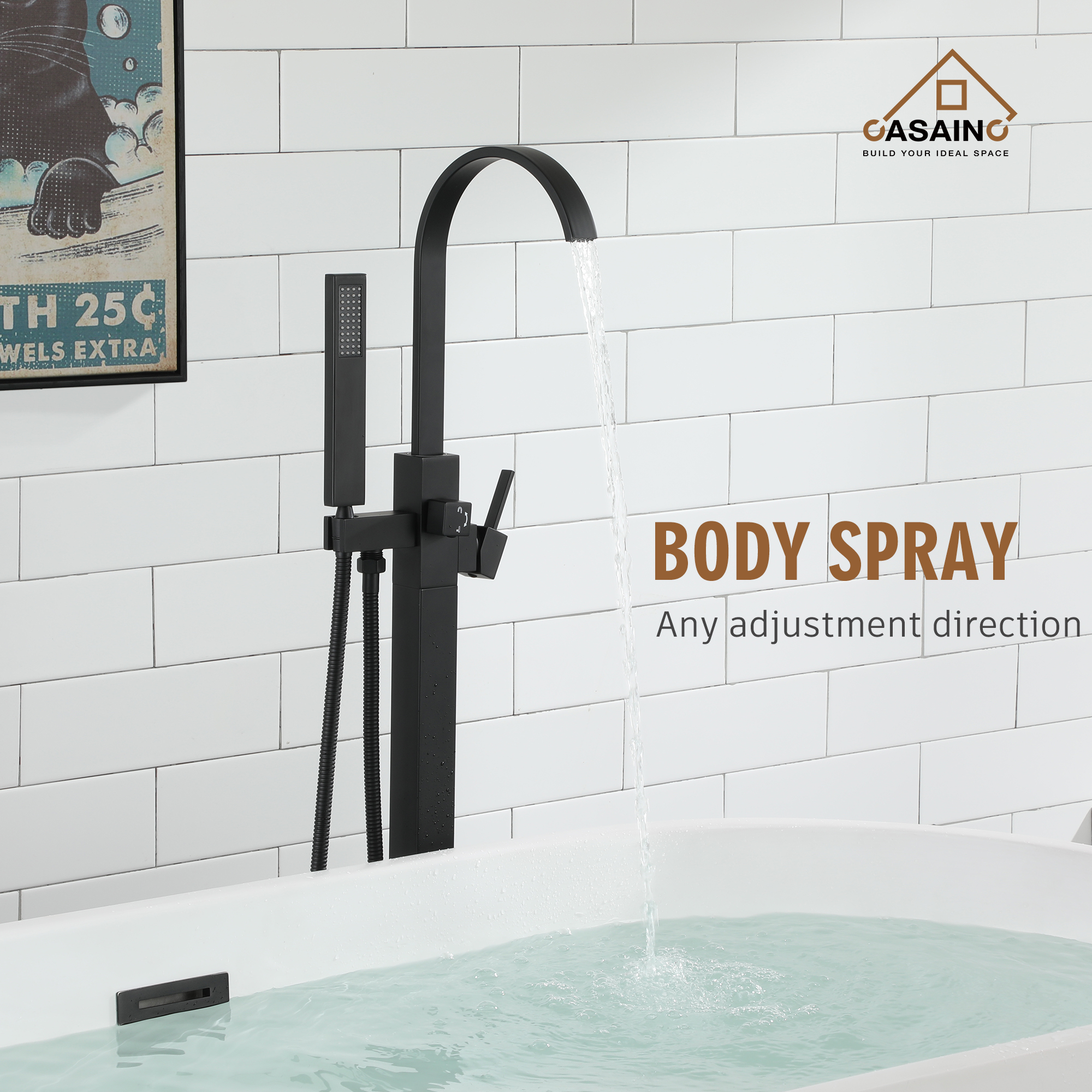 Single-Handle Floor-Mounted Bathtub Faucet High Flow Bathroom Tub Filler with Hand Shower, Brushed Nickel/Matte Black/Chrome