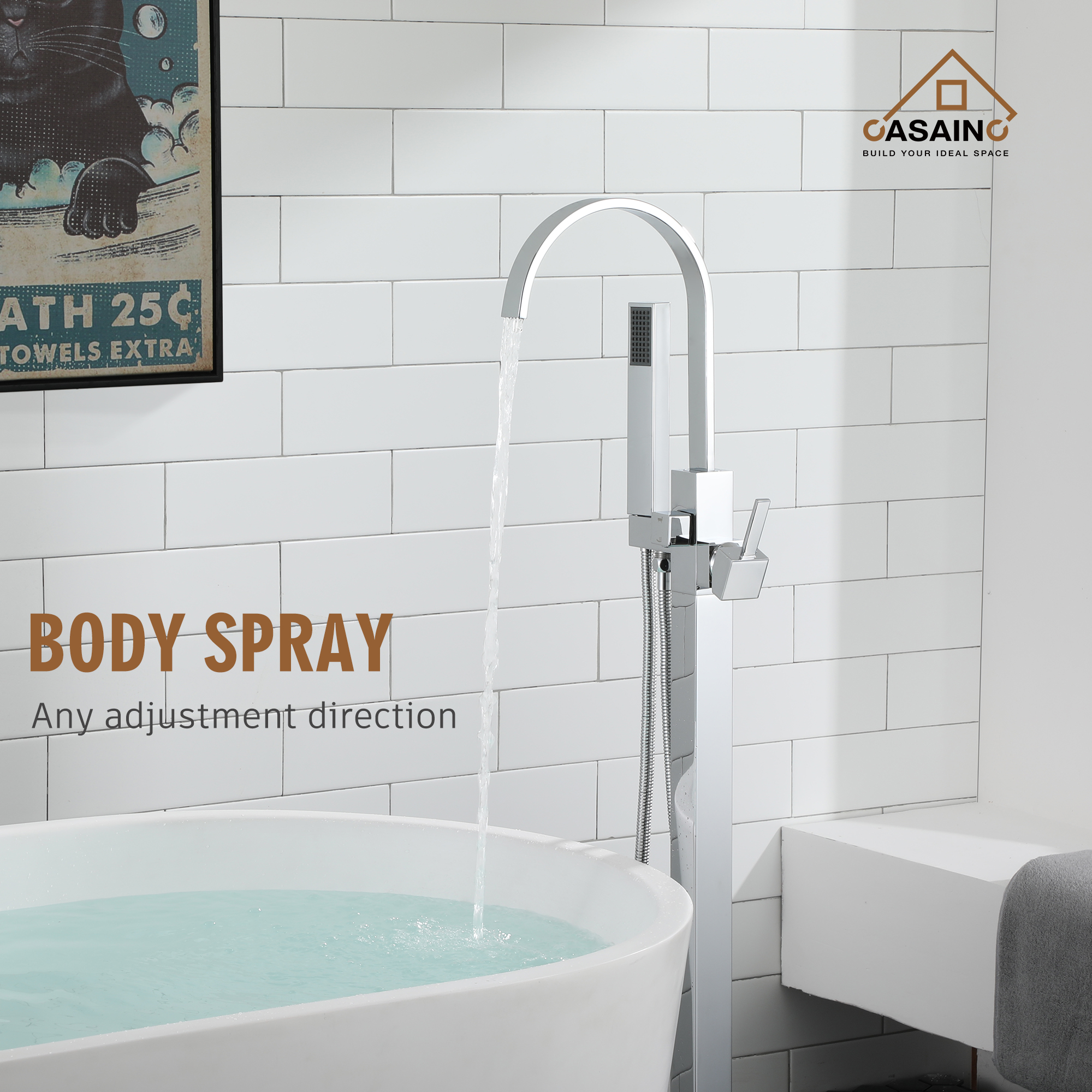 Single-Handle Floor-Mounted Bathtub Faucet High Flow Bathroom Tub Filler with Hand Shower, Brushed Nickel/Matte Black/Chrome